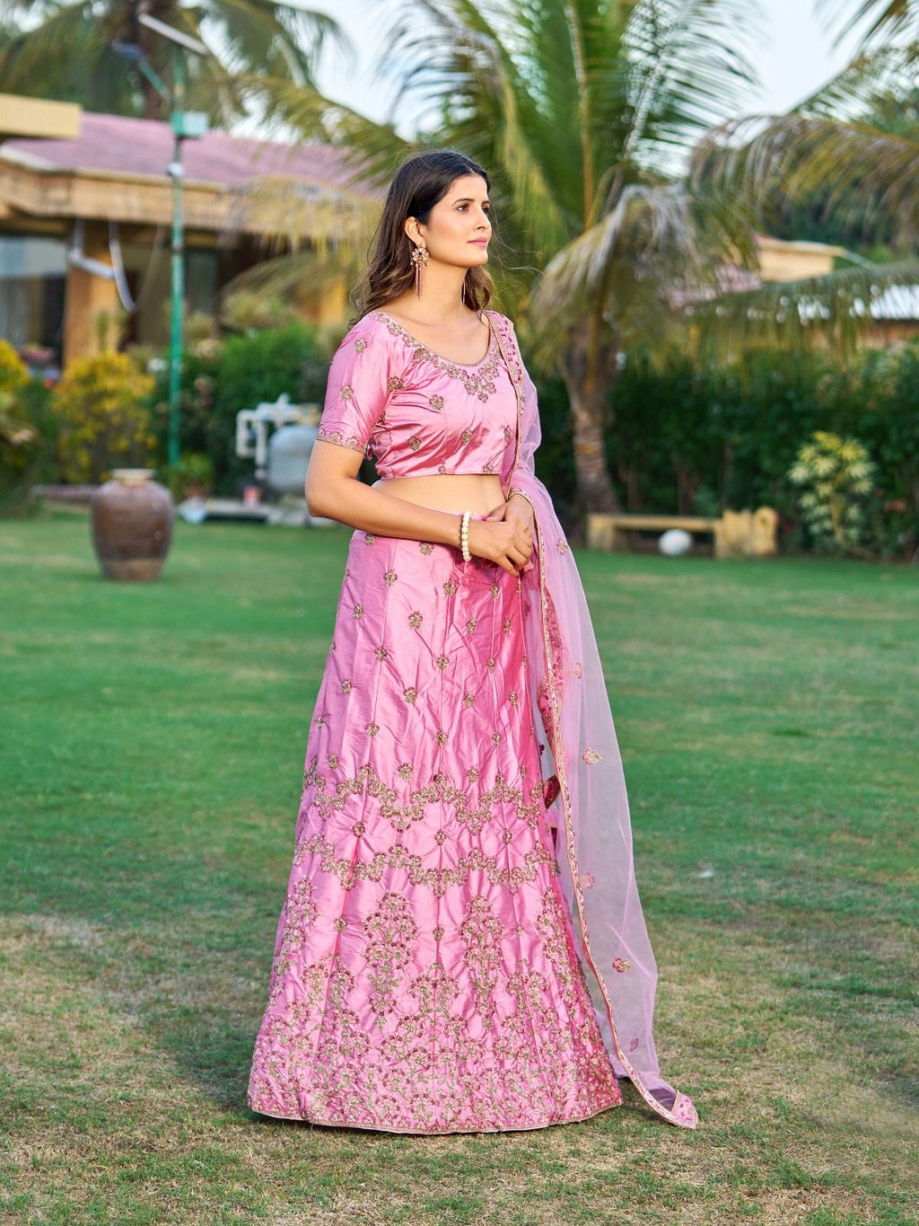 Royal Blush Pink Festive & Wedding Wear Semi-Stitched Net & Silk Lehenga Choli with Intricate Floral Jaal Pattern with Embroidery Work