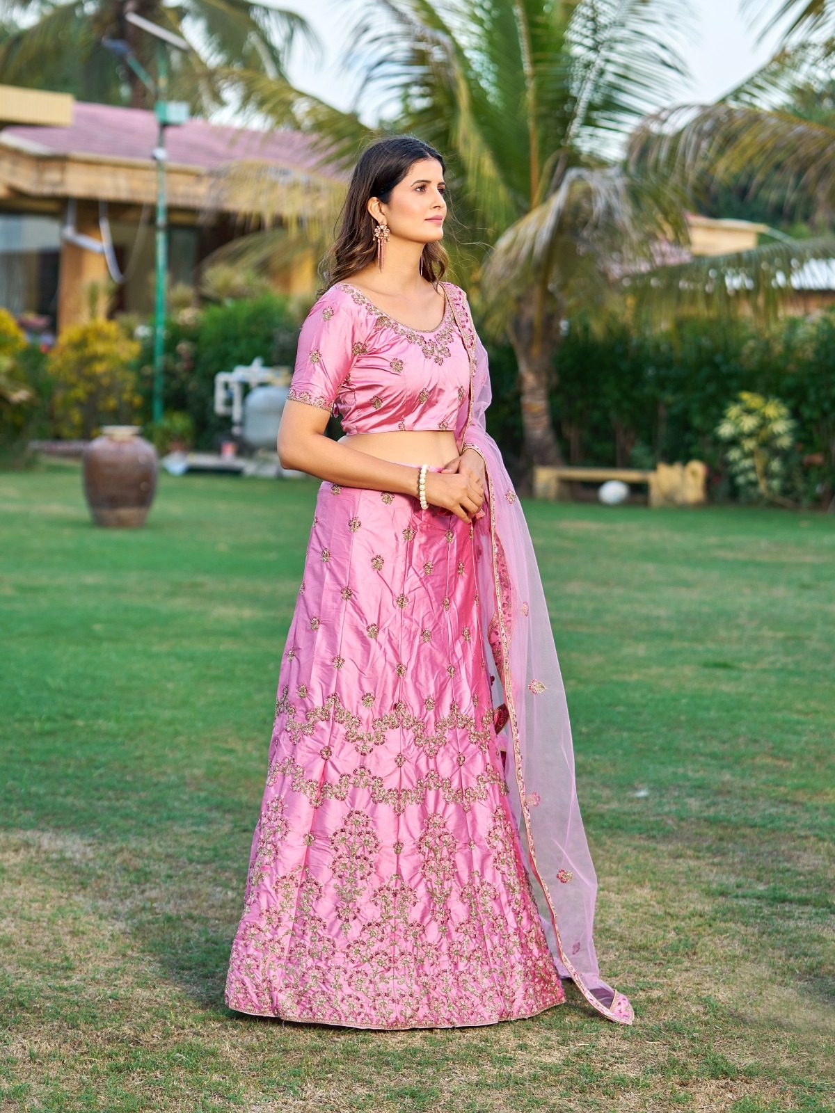 Royal Blush Pink Festive & Wedding Wear Semi-Stitched Net & Silk Lehenga Choli with Intricate Floral Jaal Pattern with Embroidery Work