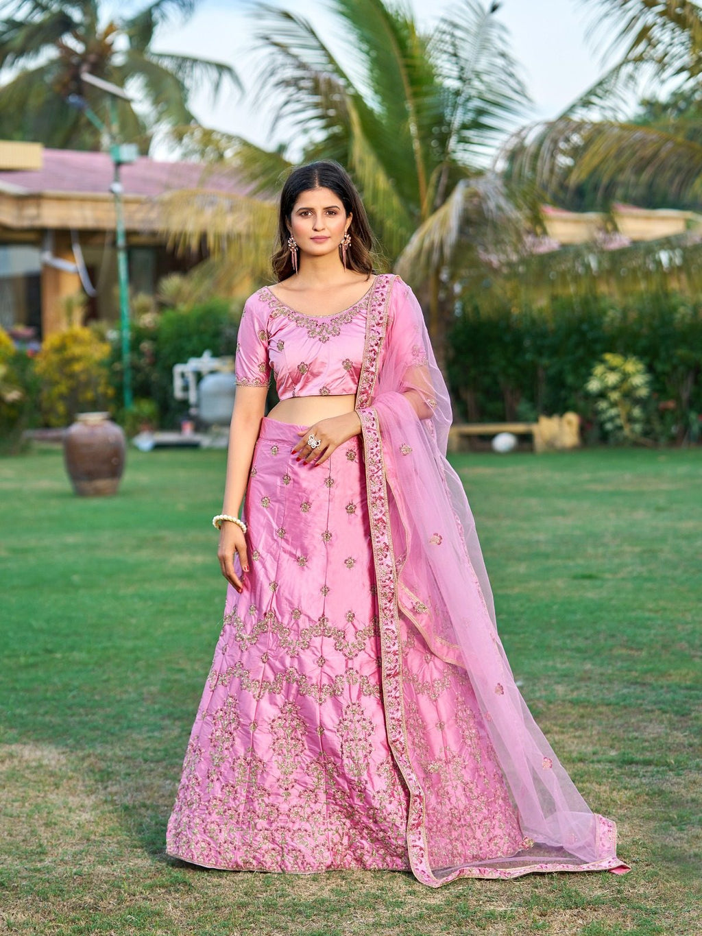 Royal Blush Pink Festive & Wedding Wear Semi-Stitched Net & Silk Lehenga Choli with Intricate Floral Jaal Pattern with Embroidery Work