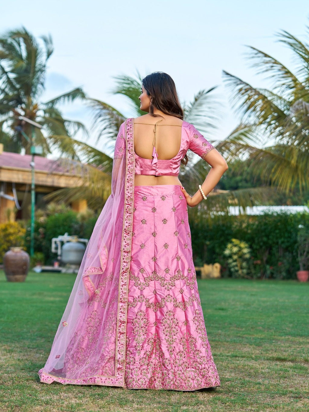 Royal Blush Pink Festive & Wedding Wear Semi-Stitched Net & Silk Lehenga Choli with Intricate Floral Jaal Pattern with Embroidery Work
