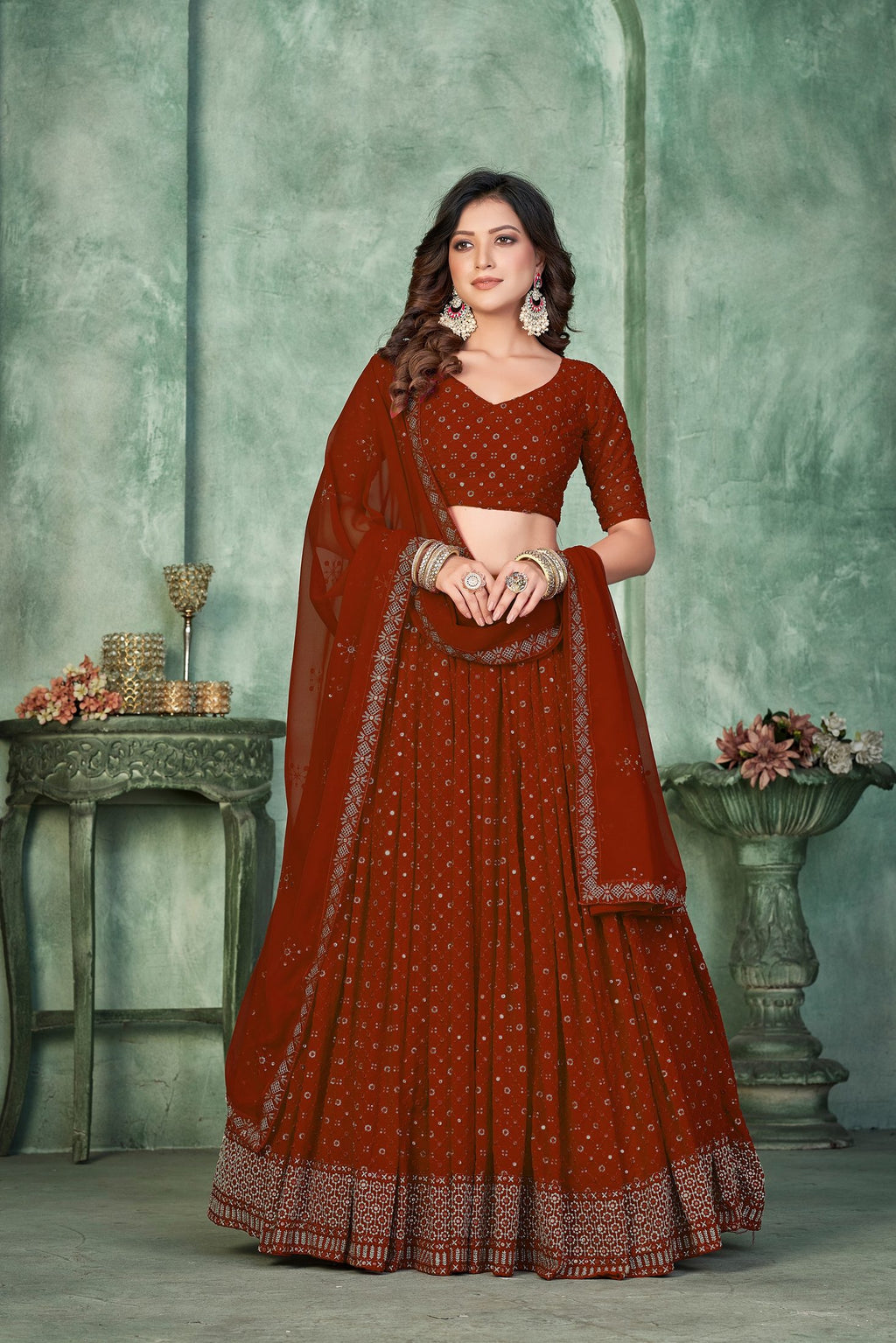 Maroon Sequins Embroidery Border Work Festive & Wedding Wear Semi-Stitched Georgette Lehenga Choli with Dupatta