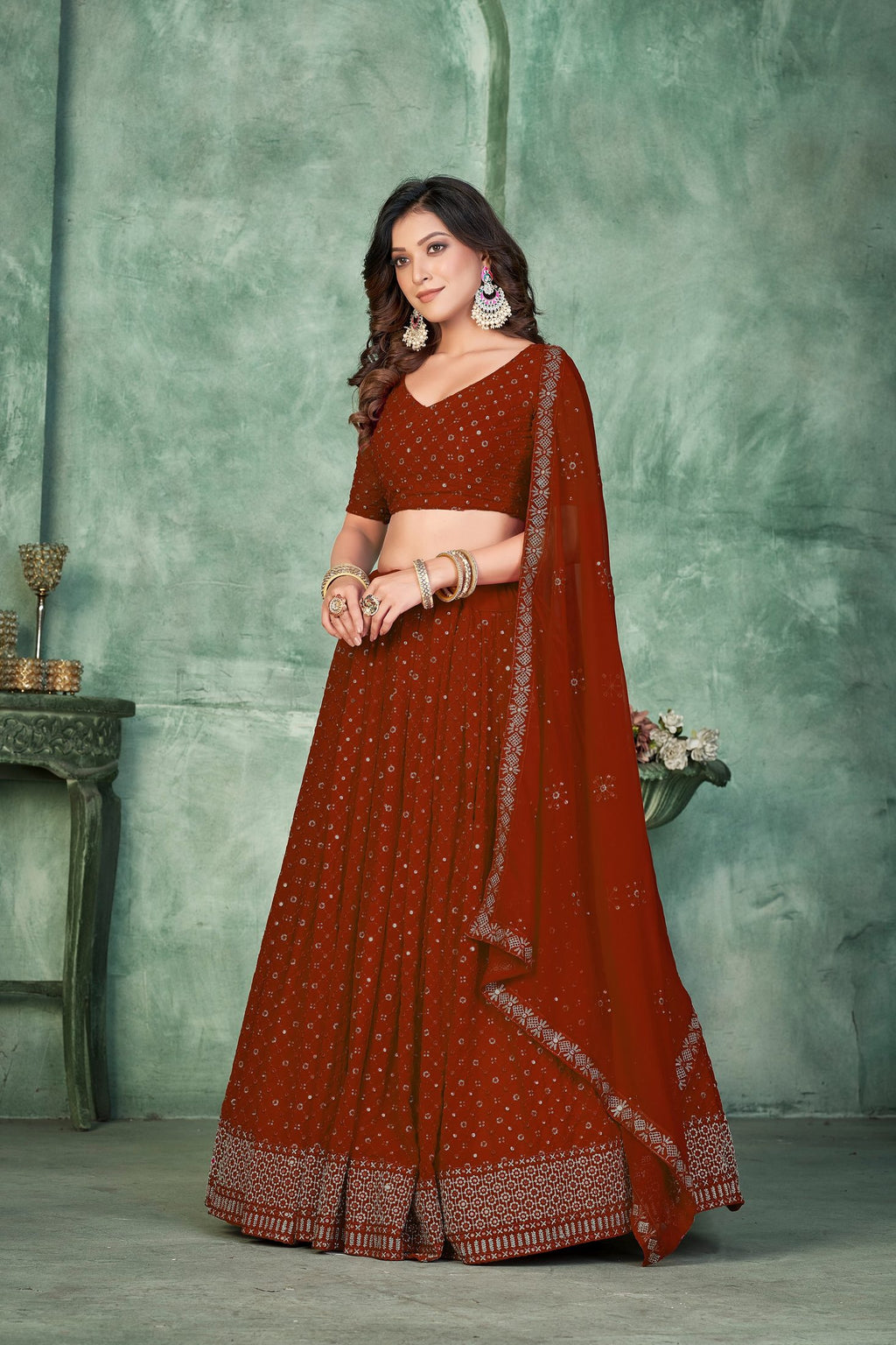 Maroon Sequins Embroidery Border Work Festive & Wedding Wear Semi-Stitched Georgette Lehenga Choli with Dupatta