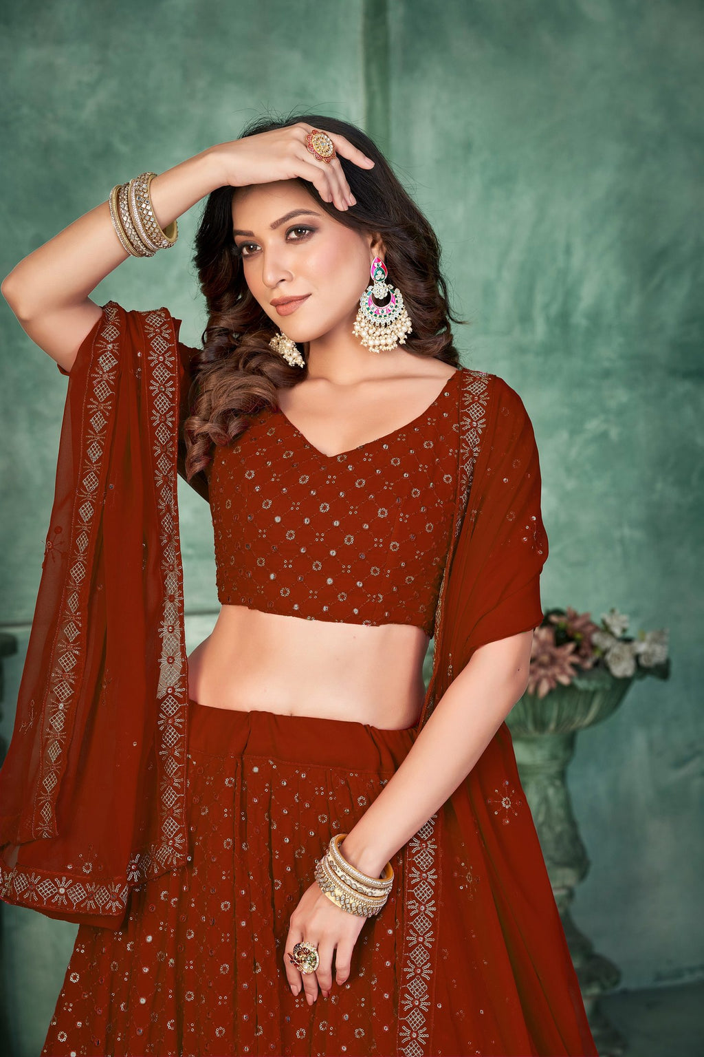 Maroon Sequins Embroidery Border Work Festive & Wedding Wear Semi-Stitched Georgette Lehenga Choli with Dupatta
