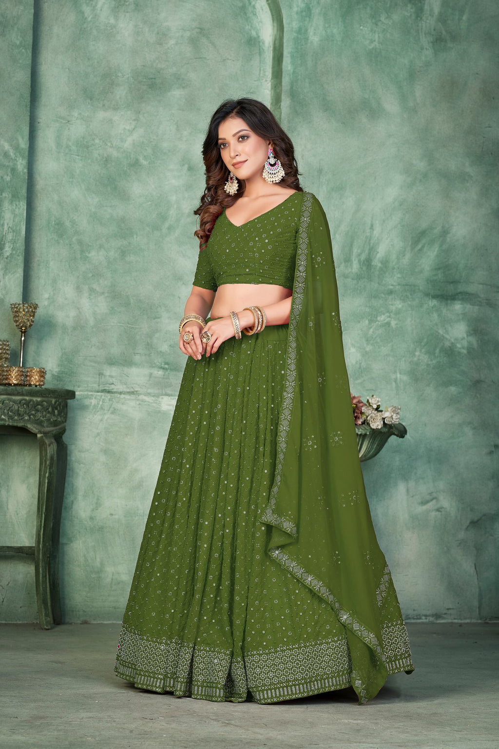 Elegant Mehendi Embroidery Work Festive & Wedding Wear Semi-Stitched Georgette Lehenga Choli with Dupatta