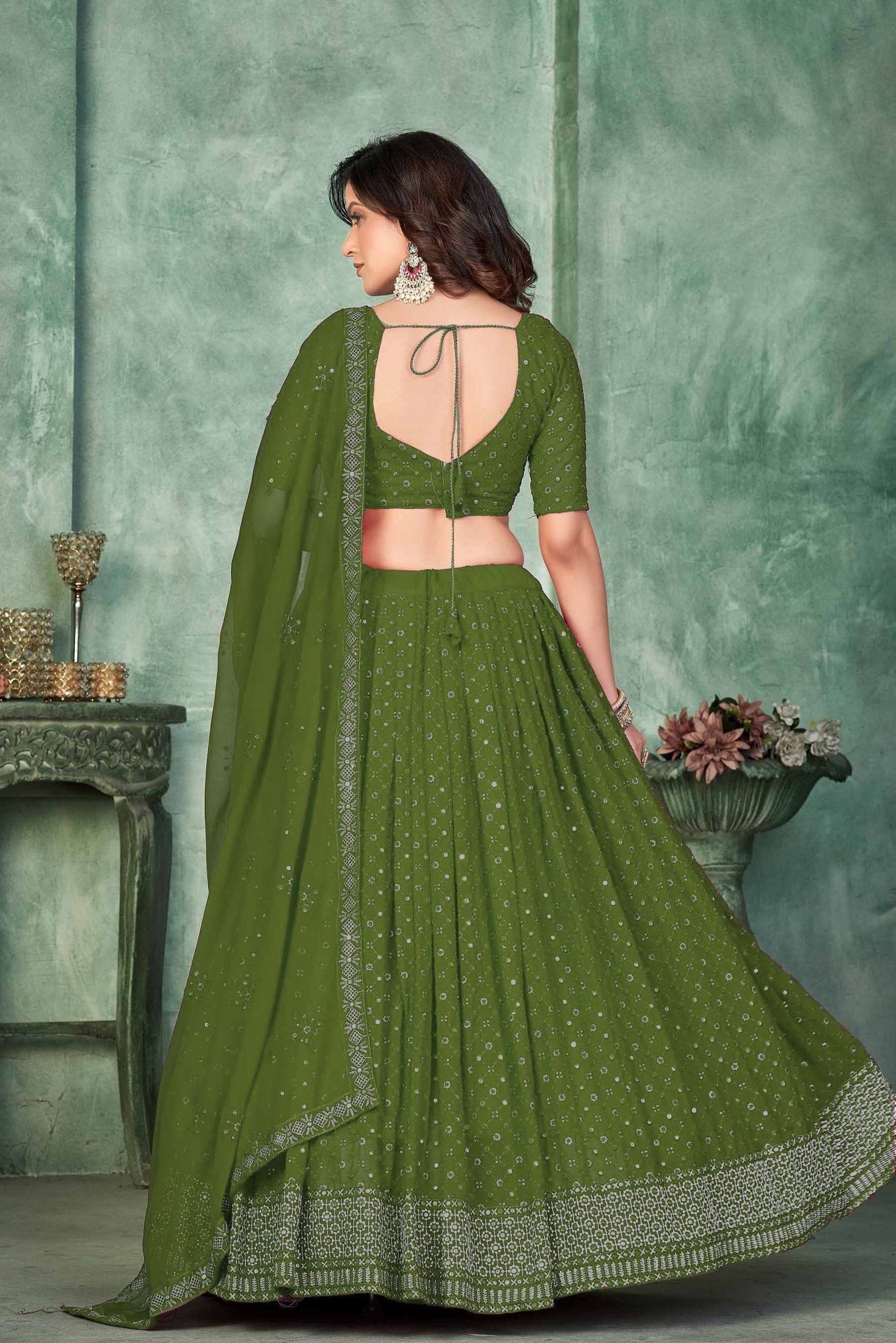 Elegant Mehendi Embroidery Work Festive & Wedding Wear Semi-Stitched Georgette Lehenga Choli with Dupatta