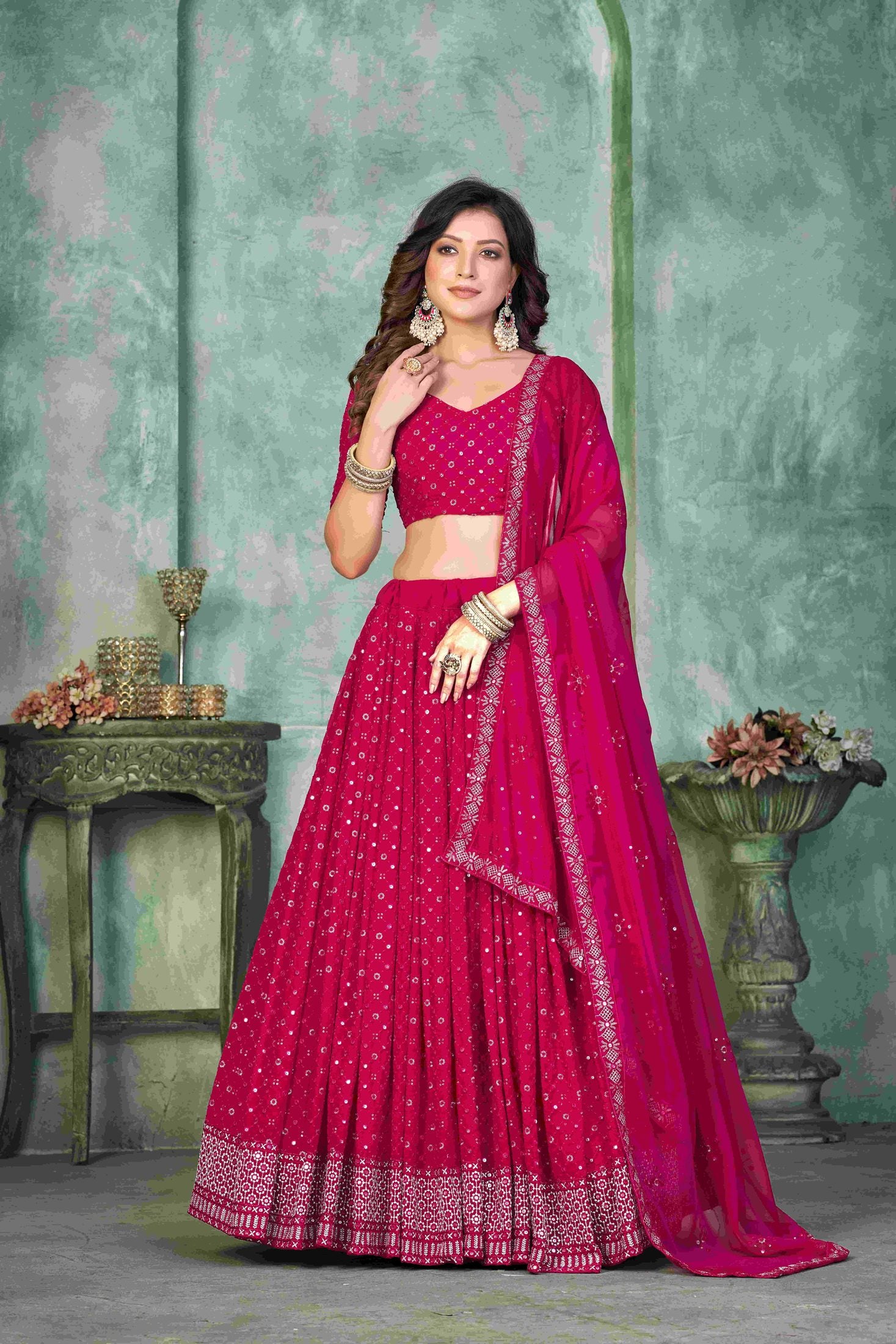 Elegant Pink Sequins Embroidery Work Festive & Wedding Wear Semi-Stitched Georgette Lehenga Choli with Dupatta