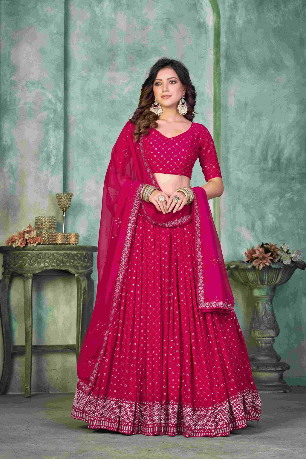 Elegant Pink Sequins Embroidery Work Festive & Wedding Wear Semi-Stitched Georgette Lehenga Choli with Dupatta