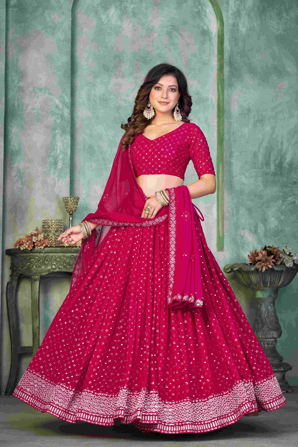 Elegant Pink Sequins Embroidery Work Festive & Wedding Wear Semi-Stitched Georgette Lehenga Choli with Dupatta