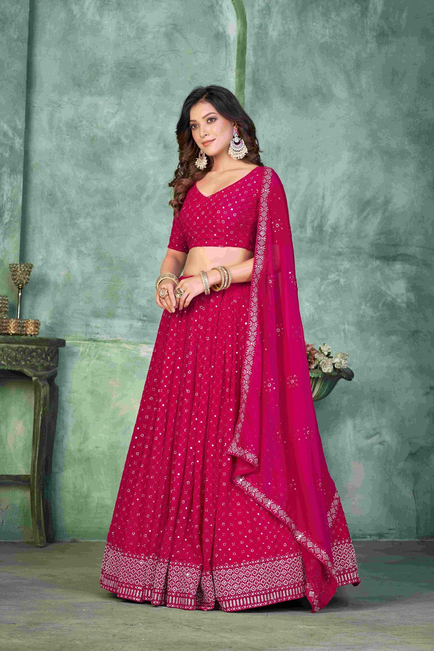 Elegant Pink Sequins Embroidery Work Festive & Wedding Wear Semi-Stitched Georgette Lehenga Choli with Dupatta