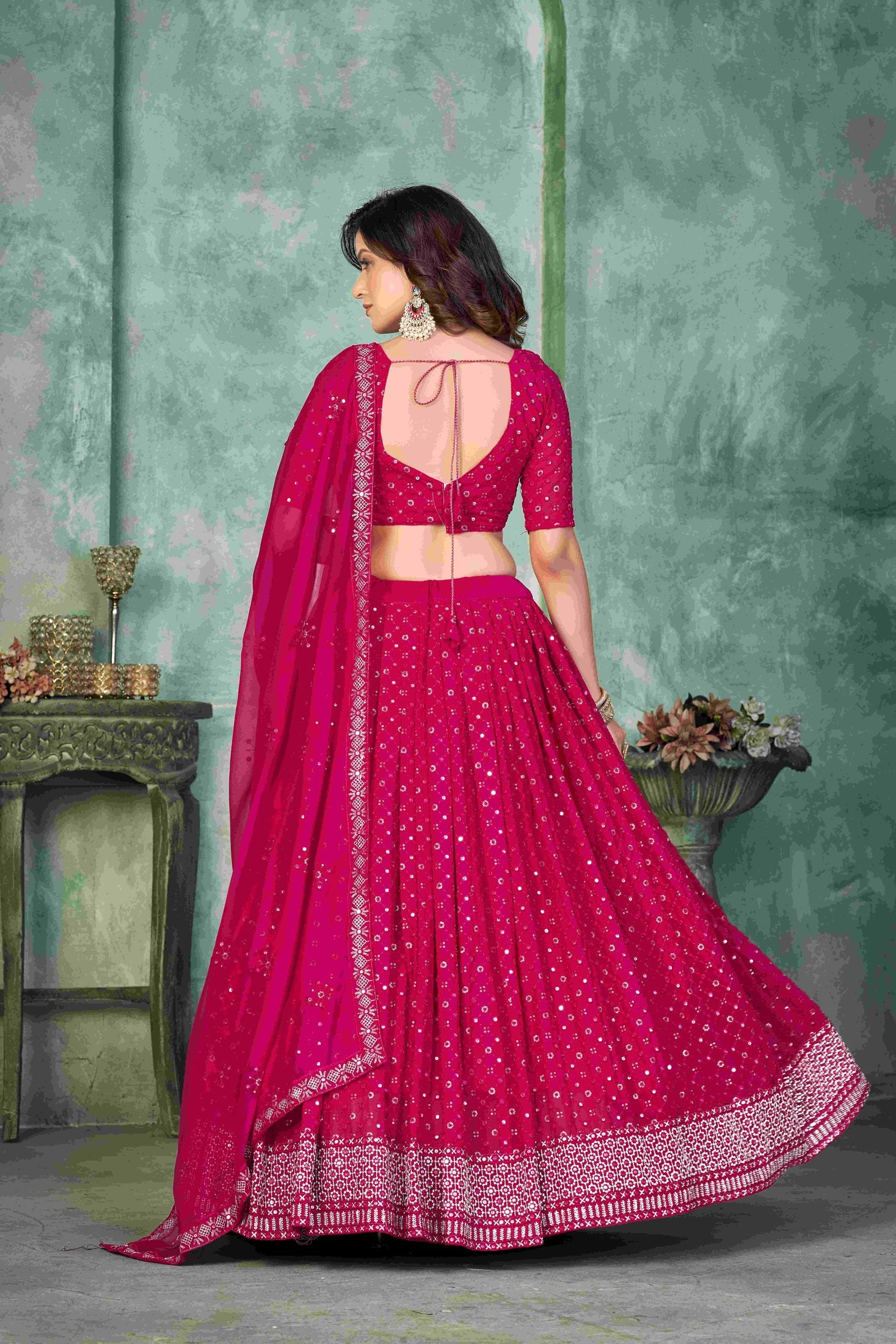 Elegant Pink Sequins Embroidery Work Festive & Wedding Wear Semi-Stitched Georgette Lehenga Choli with Dupatta