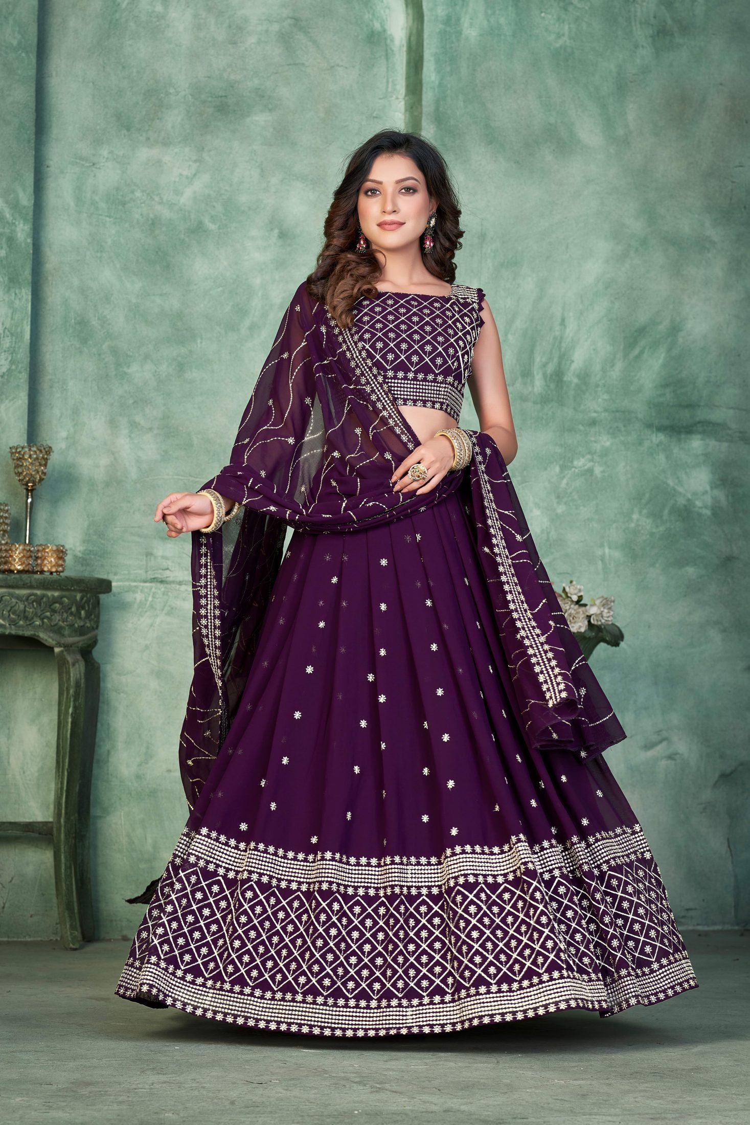 Elegant Wine Purple Festive & Wedding Wear Semi-Stitched Georgette Lehenga Choli with Embroidery Work