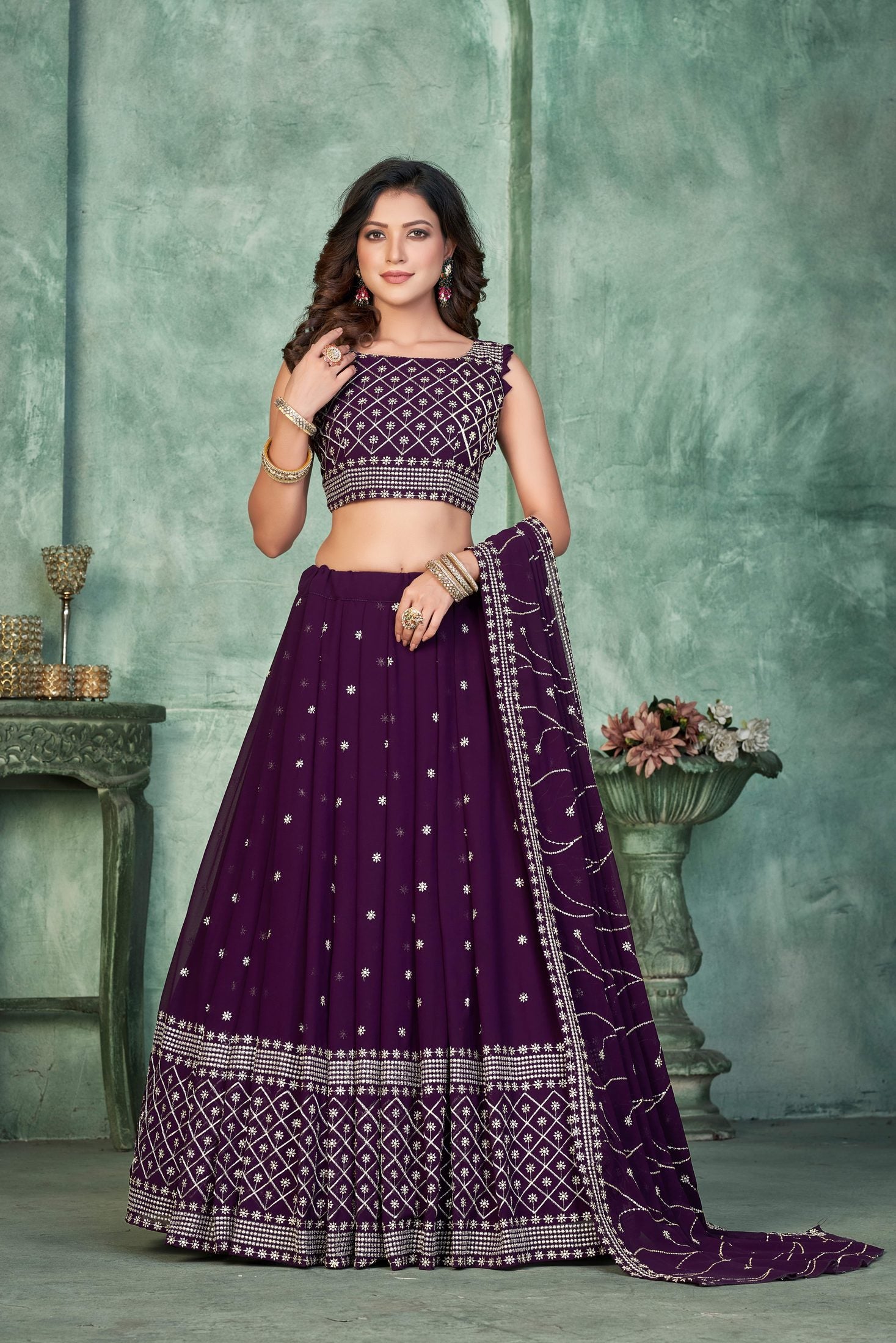 Elegant Wine Purple Festive & Wedding Wear Semi-Stitched Georgette Lehenga Choli with Embroidery Work