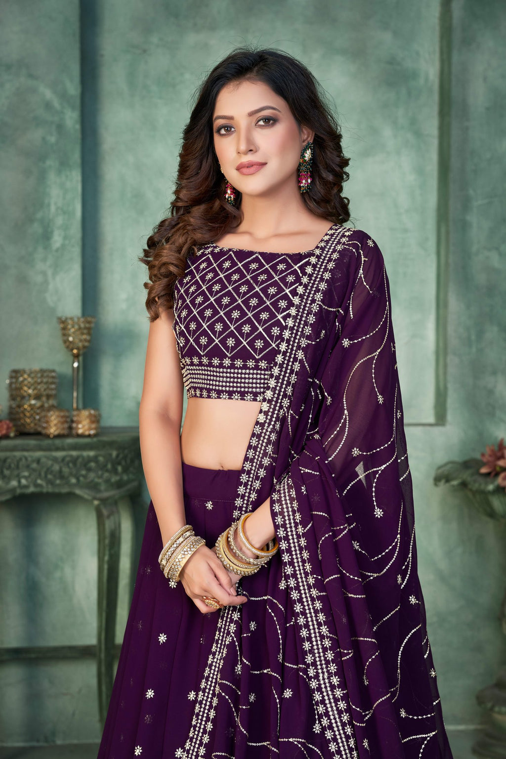 Elegant Wine Purple Festive & Wedding Wear Semi-Stitched Georgette Lehenga Choli with Embroidery Work