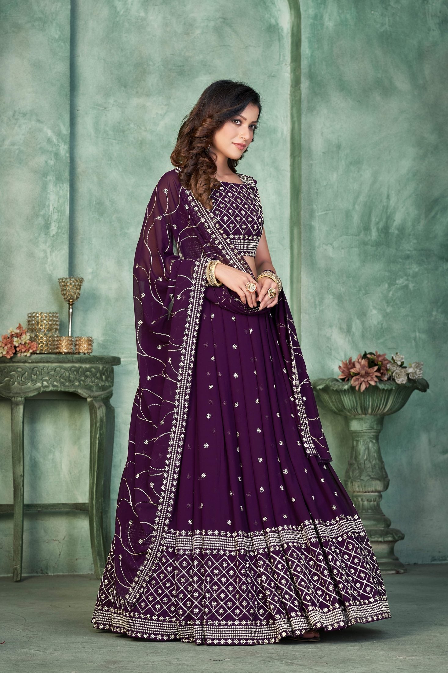 Elegant Wine Purple Festive & Wedding Wear Semi-Stitched Georgette Lehenga Choli with Embroidery Work
