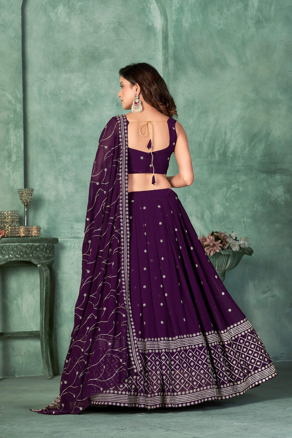 Elegant Wine Purple Festive & Wedding Wear Semi-Stitched Georgette Lehenga Choli with Embroidery Work