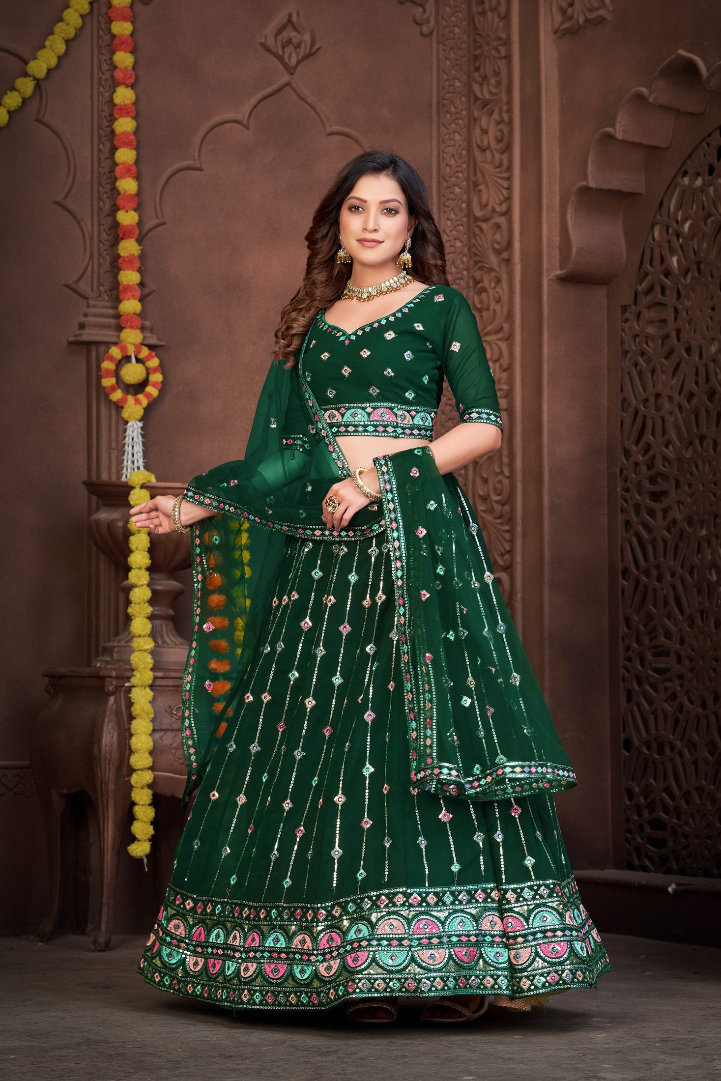 Elegant Dark Green Festive & Wedding Wear Semi-Stitched Georgette Lehenga Choli with Sequins & Thread Embroidery Work