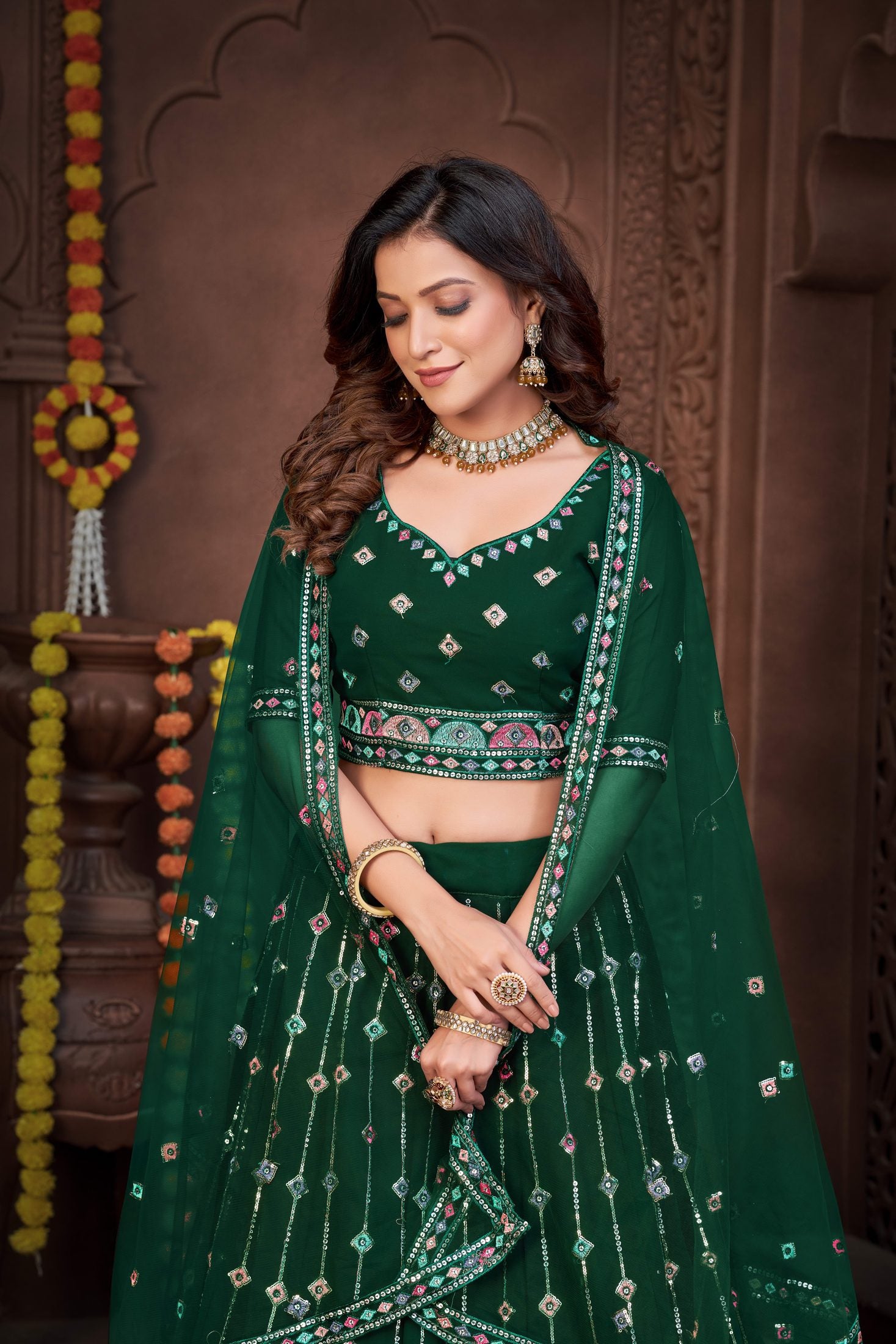 Elegant Dark Green Festive & Wedding Wear Semi-Stitched Georgette Lehenga Choli with Sequins & Thread Embroidery Work
