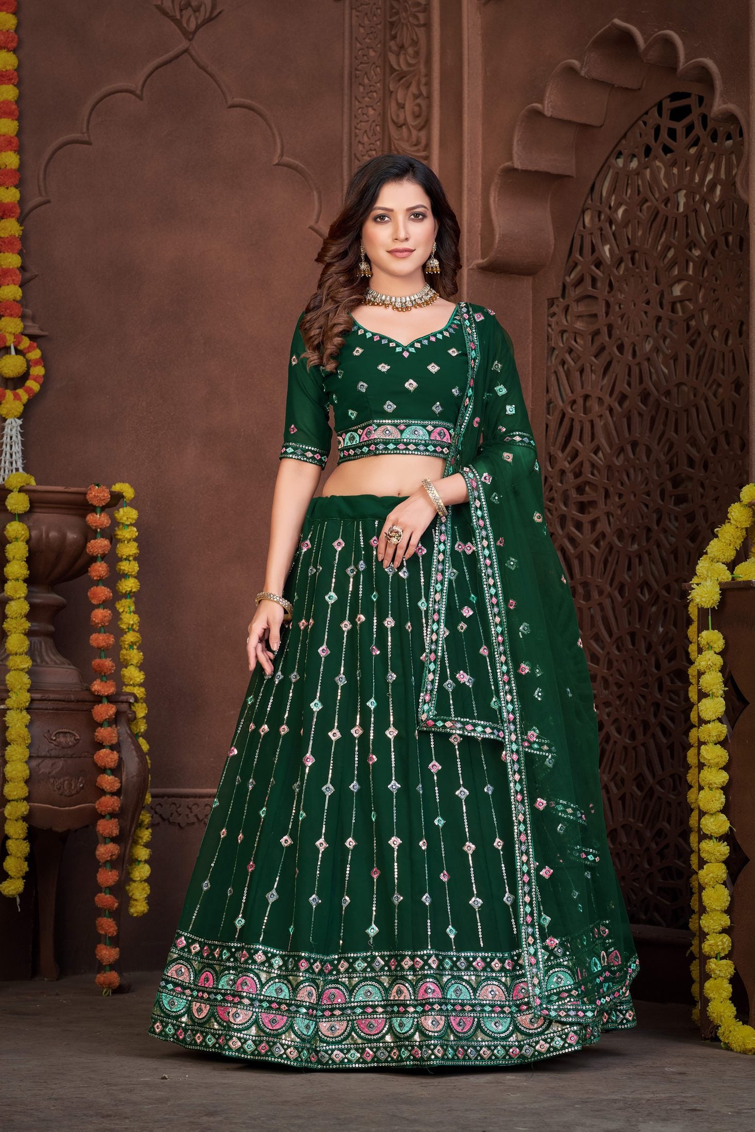 Elegant Dark Green Festive & Wedding Wear Semi-Stitched Georgette Lehenga Choli with Sequins & Thread Embroidery Work