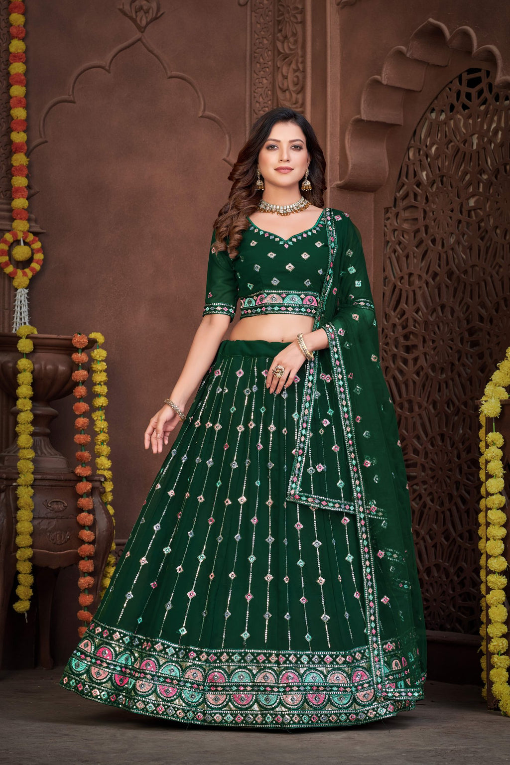 Elegant Dark Green Festive & Wedding Wear Semi-Stitched Georgette Lehenga Choli with Sequins & Thread Embroidery Work