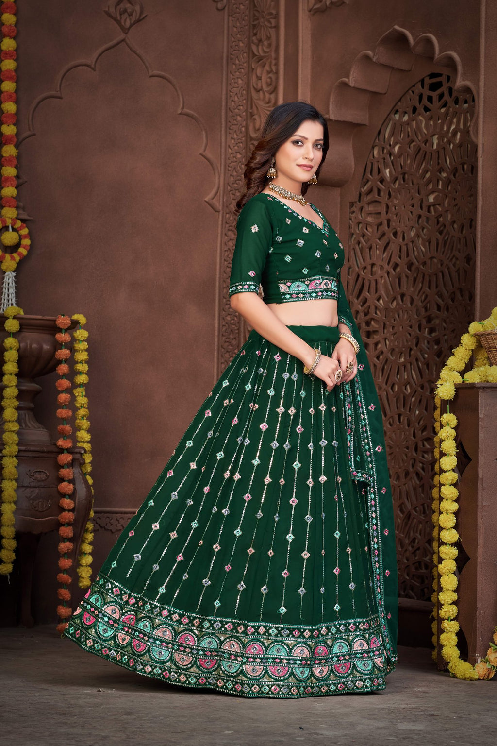 Elegant Dark Green Festive & Wedding Wear Semi-Stitched Georgette Lehenga Choli with Sequins & Thread Embroidery Work