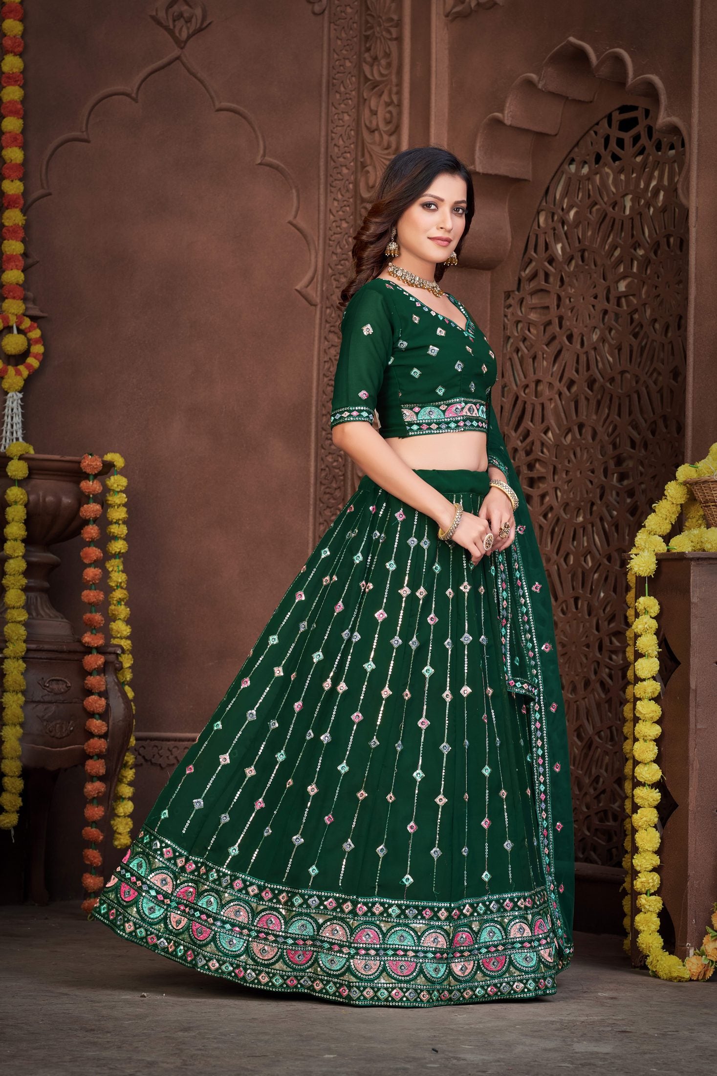Elegant Dark Green Festive & Wedding Wear Semi-Stitched Georgette Lehenga Choli with Sequins & Thread Embroidery Work