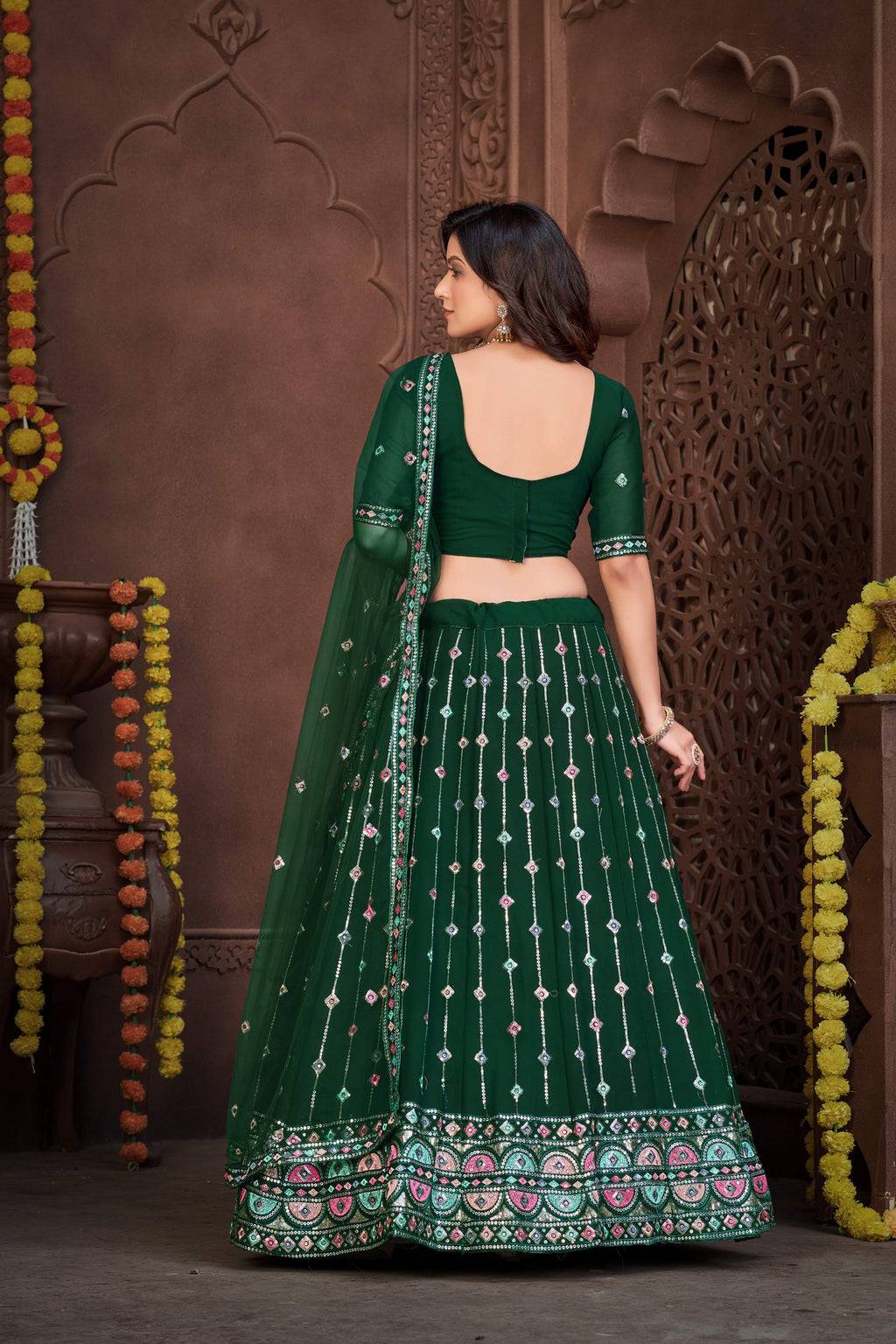 Elegant Dark Green Festive & Wedding Wear Semi-Stitched Georgette Lehenga Choli with Sequins & Thread Embroidery Work