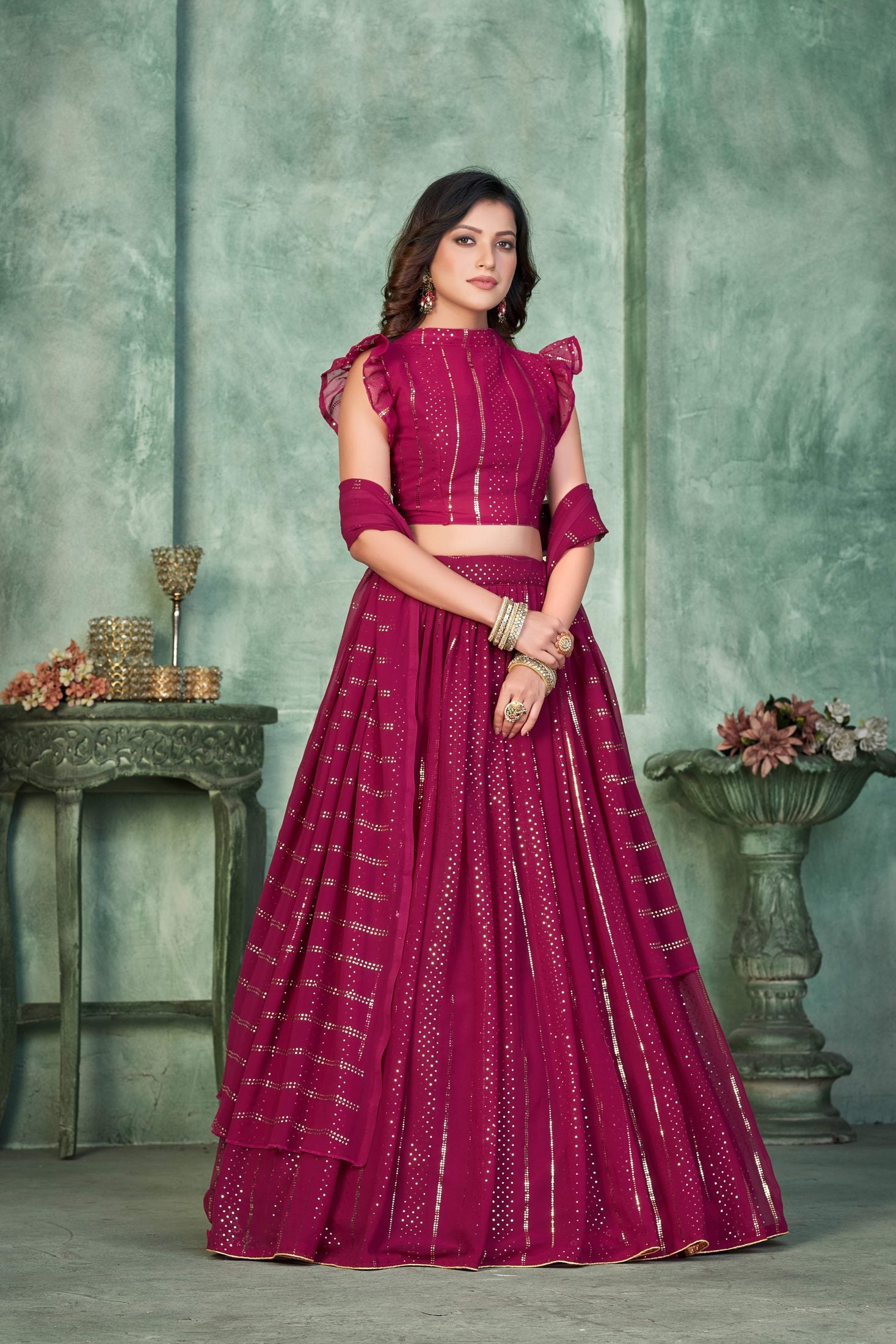 Elegant Wine Pink Festive & Party Wear Semi-Stitched Georgette Foil Print Lehenga Choli with Stylish Dupatta