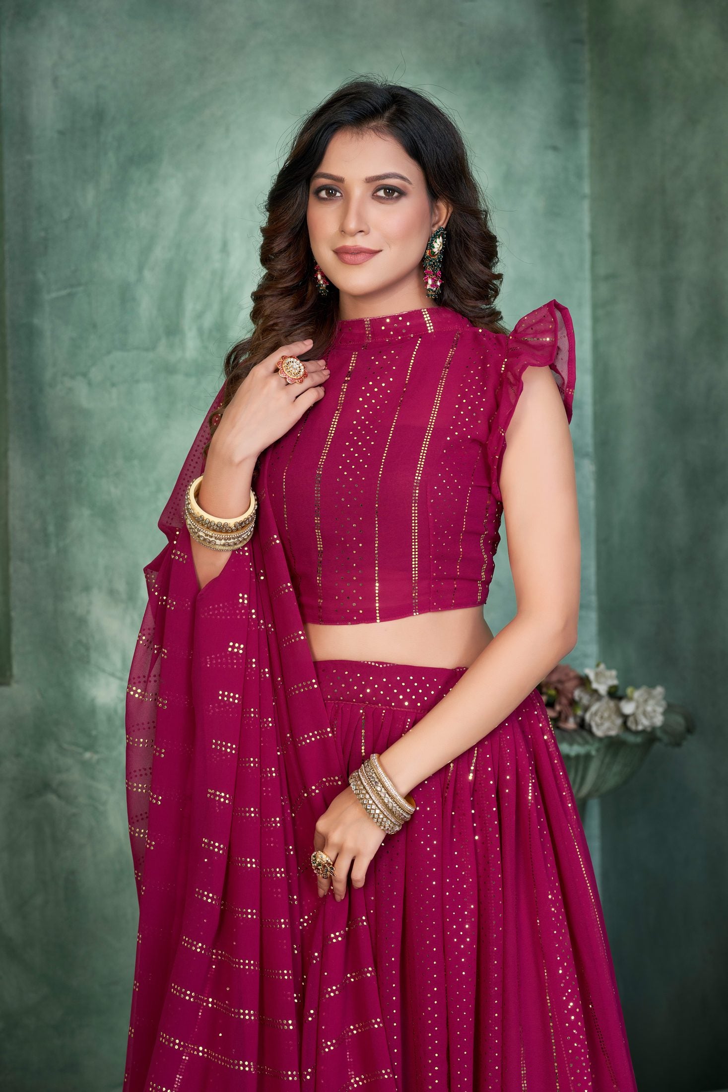 Elegant Wine Pink Festive & Party Wear Semi-Stitched Georgette Foil Print Lehenga Choli with Stylish Dupatta