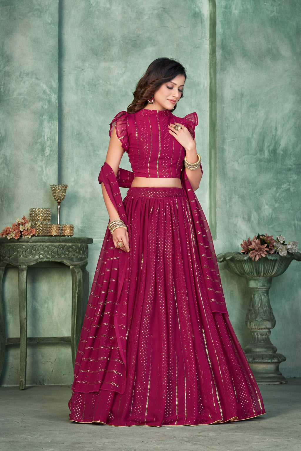 Elegant Wine Pink Festive & Party Wear Semi-Stitched Georgette Foil Print Lehenga Choli with Stylish Dupatta