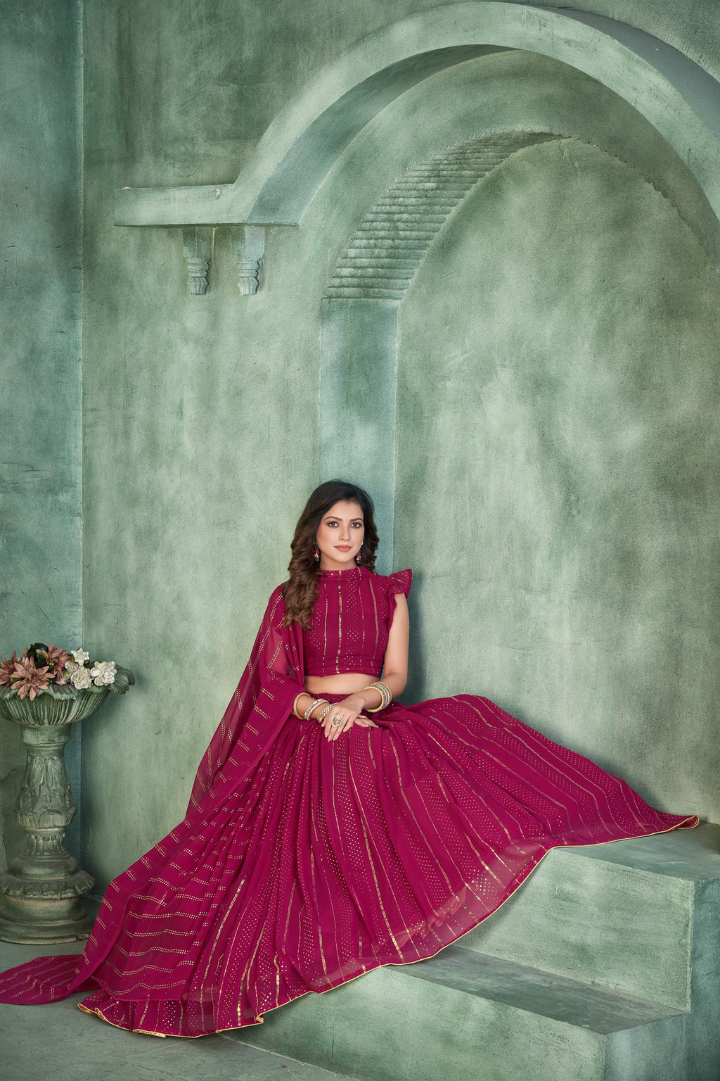 Elegant Wine Pink Festive & Party Wear Semi-Stitched Georgette Foil Print Lehenga Choli with Stylish Dupatta