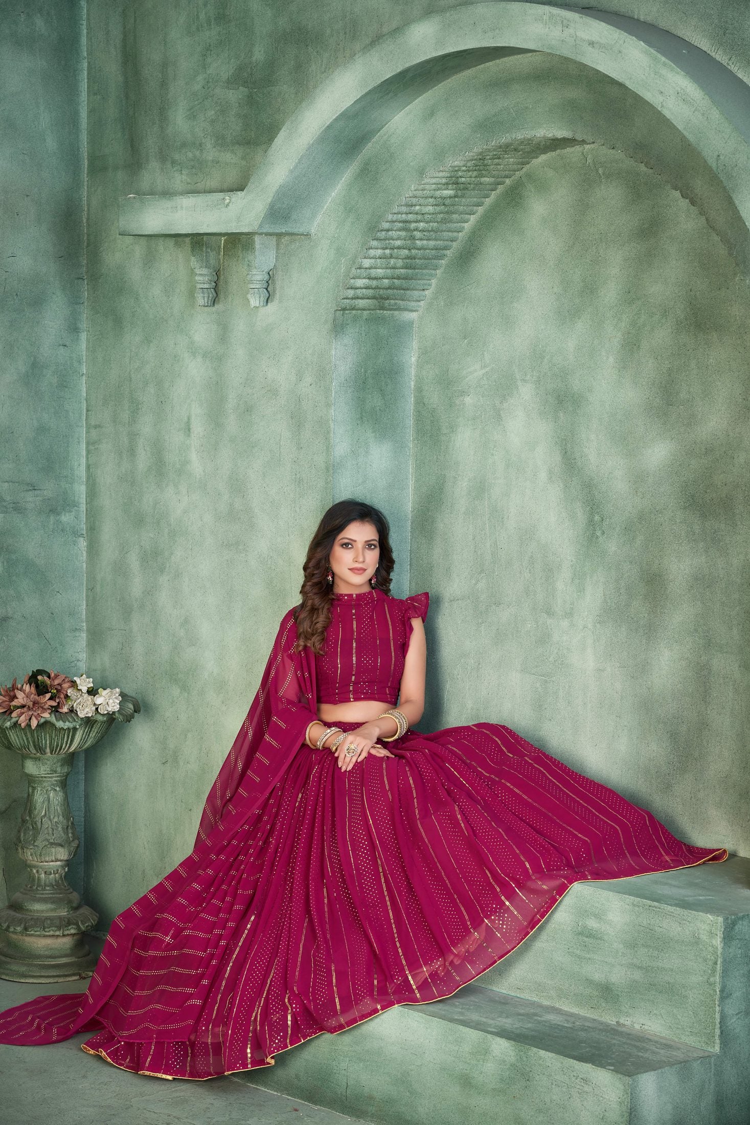 Elegant Wine Pink Festive & Party Wear Semi-Stitched Georgette Foil Print Lehenga Choli with Stylish Dupatta