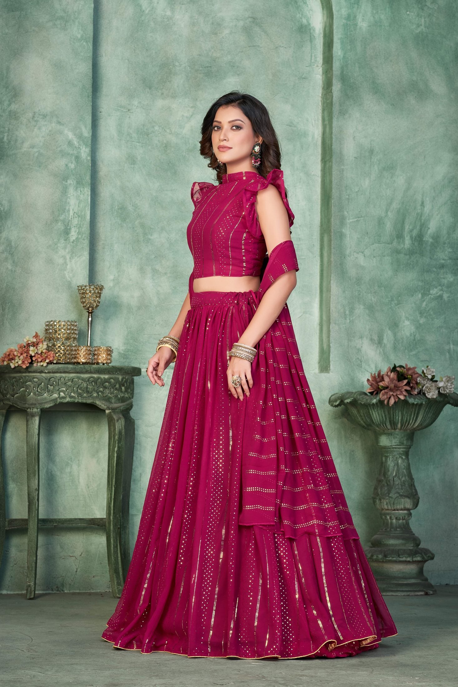 Elegant Wine Pink Festive & Party Wear Semi-Stitched Georgette Foil Print Lehenga Choli with Stylish Dupatta