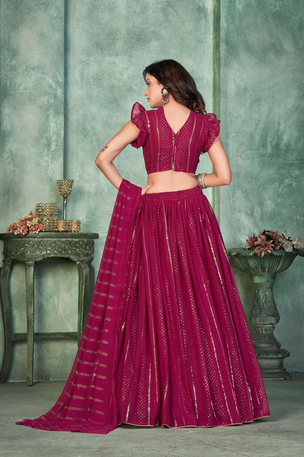 Elegant Wine Pink Festive & Party Wear Semi-Stitched Georgette Foil Print Lehenga Choli with Stylish Dupatta