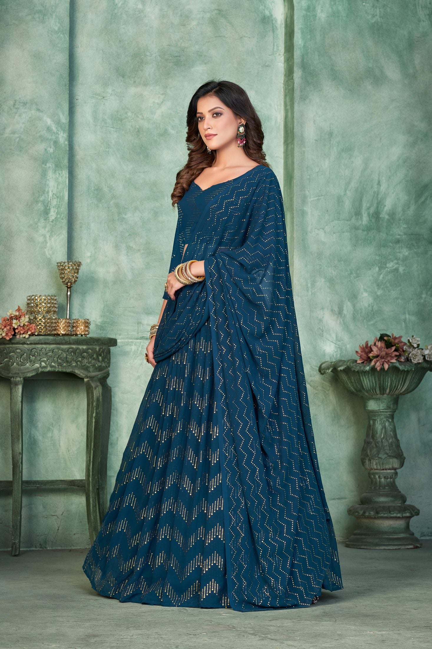 Stylish Teal Blue Festive & Party Wear Semi-Stitched Georgette Zig-Zag & Chevron Pattern Lehenga Choli with Designer Dupatta