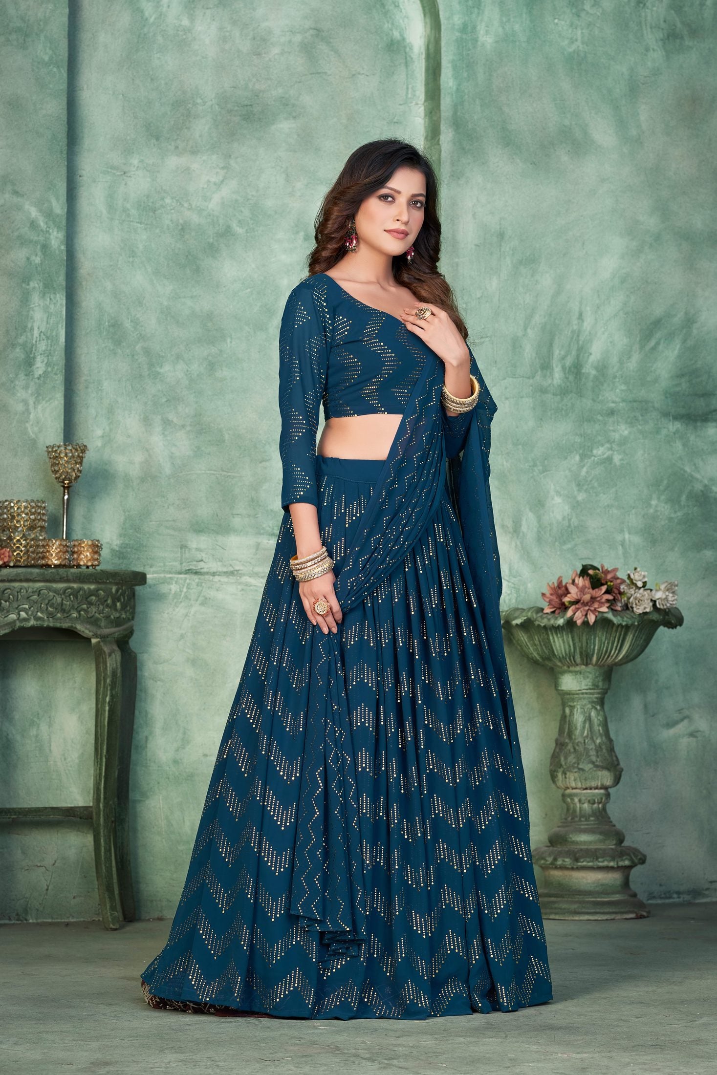 Stylish Teal Blue Festive & Party Wear Semi-Stitched Georgette Zig-Zag & Chevron Pattern Lehenga Choli with Designer Dupatta