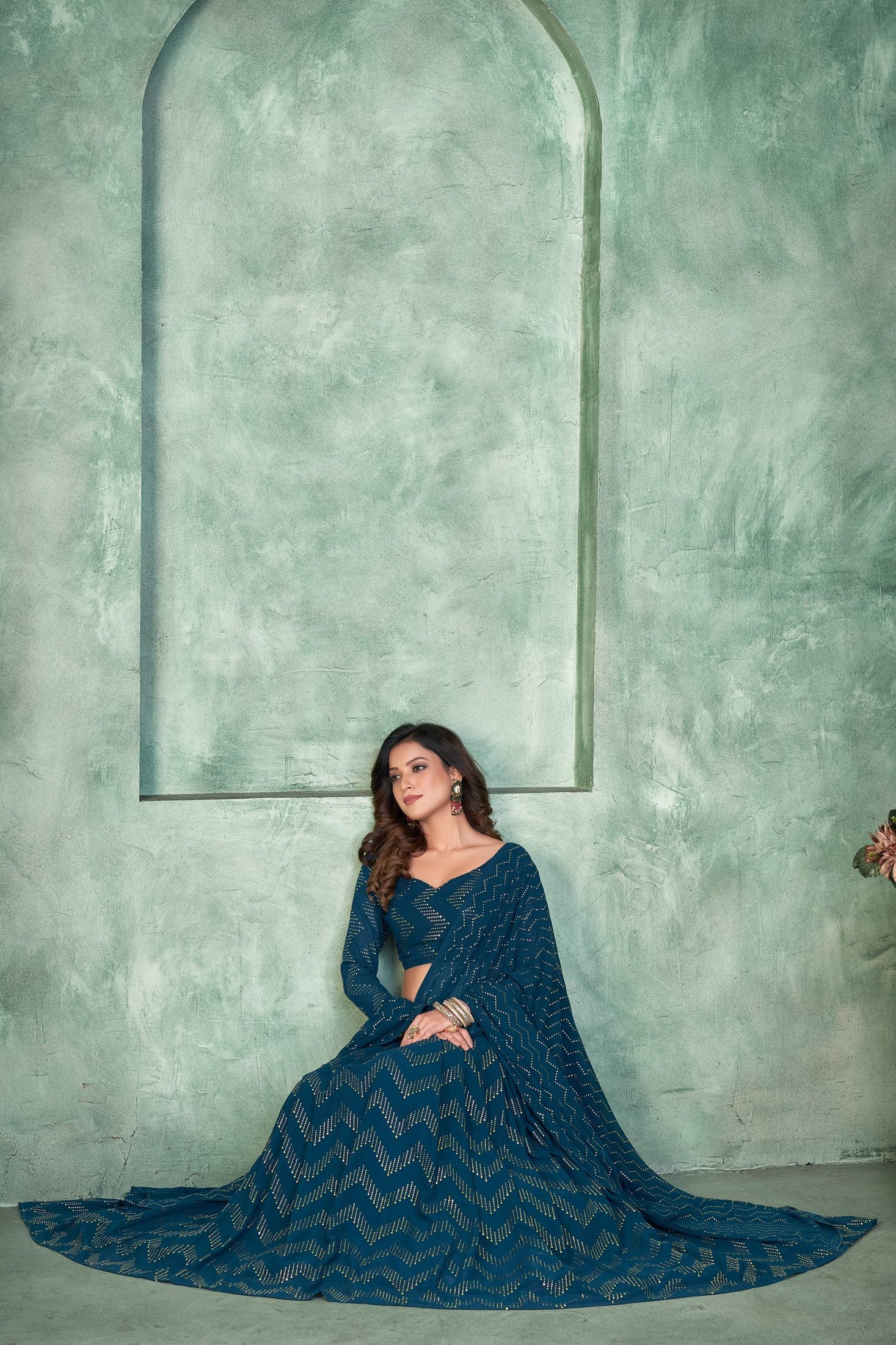 Stylish Teal Blue Festive & Party Wear Semi-Stitched Georgette Zig-Zag & Chevron Pattern Lehenga Choli with Designer Dupatta