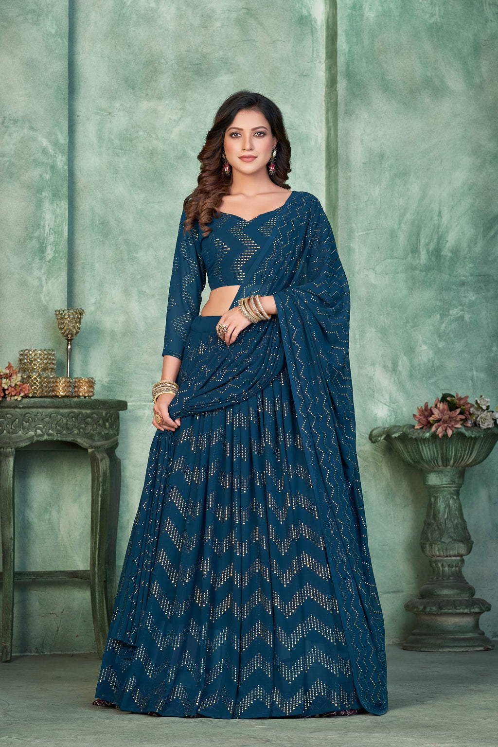 Stylish Teal Blue Festive & Party Wear Semi-Stitched Georgette Zig-Zag & Chevron Pattern Lehenga Choli with Designer Dupatta
