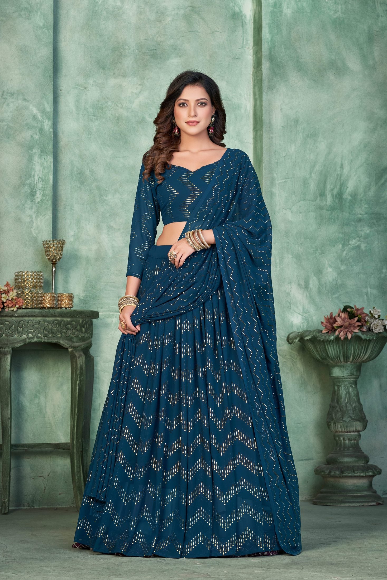 Stylish Teal Blue Festive & Party Wear Semi-Stitched Georgette Zig-Zag & Chevron Pattern Lehenga Choli with Designer Dupatta