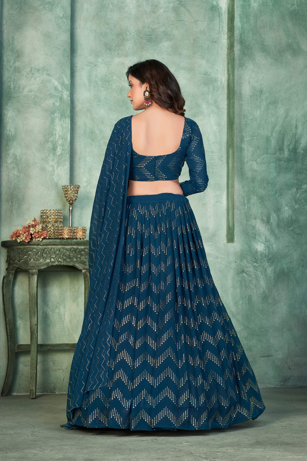 Stylish Teal Blue Festive & Party Wear Semi-Stitched Georgette Zig-Zag & Chevron Pattern Lehenga Choli with Designer Dupatta