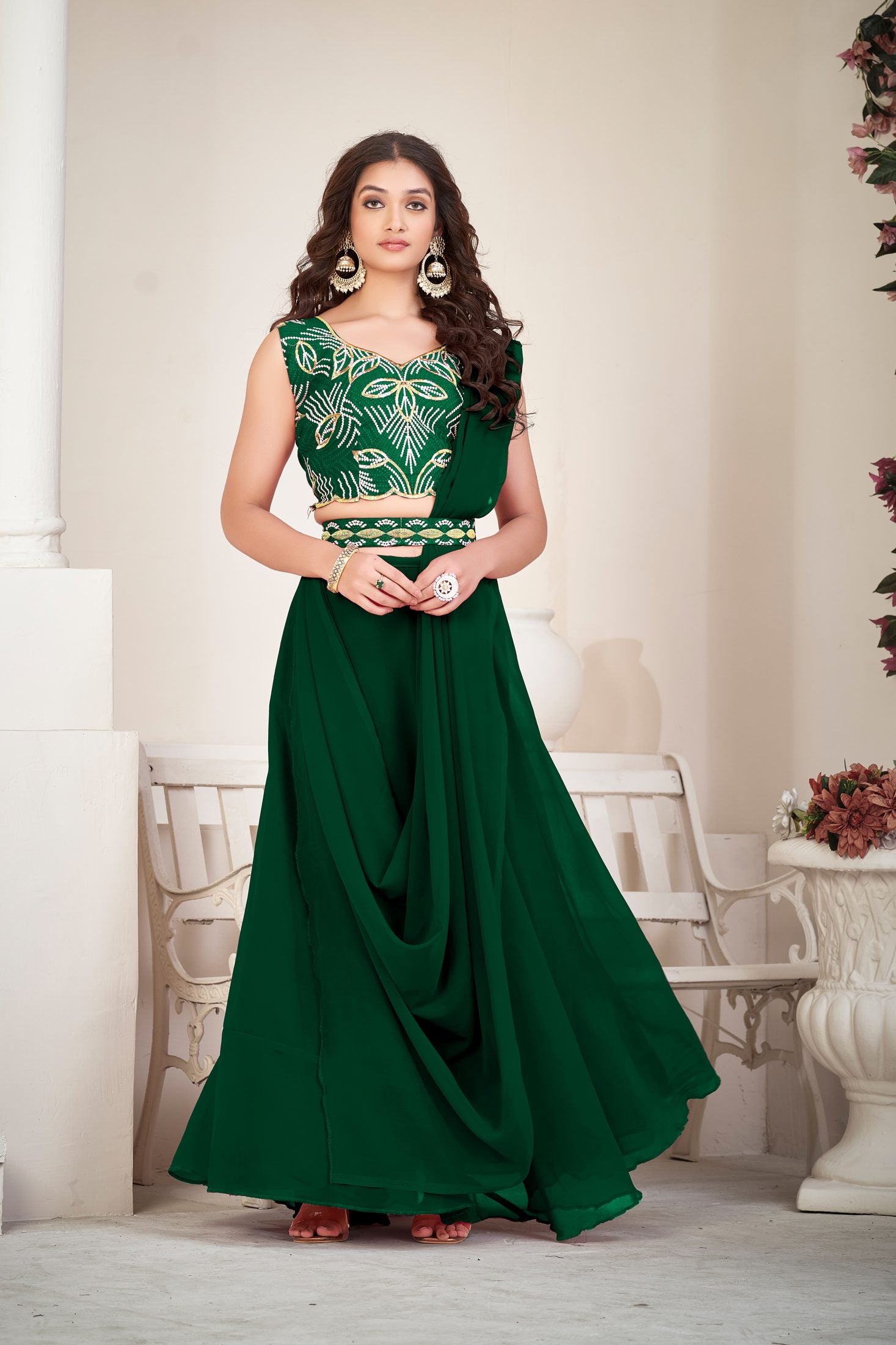 Elegant Green Party Wear Semi-Stitched Georgette Embroidery & Thread Work Lehenga Choli with Designer Blouse
