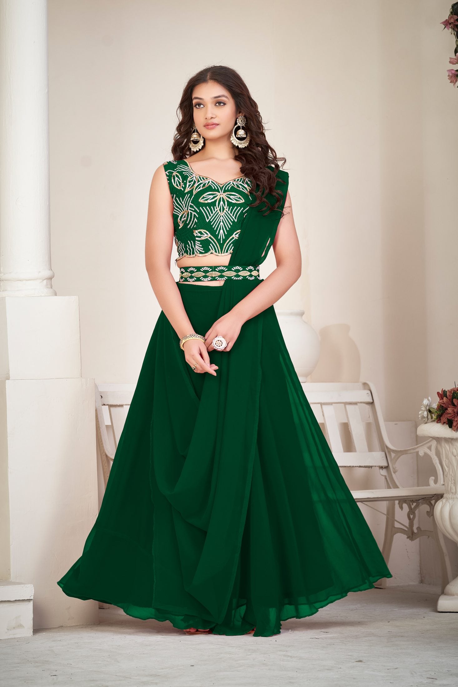 Elegant Green Party Wear Semi-Stitched Georgette Embroidery & Thread Work Lehenga Choli with Designer Blouse
