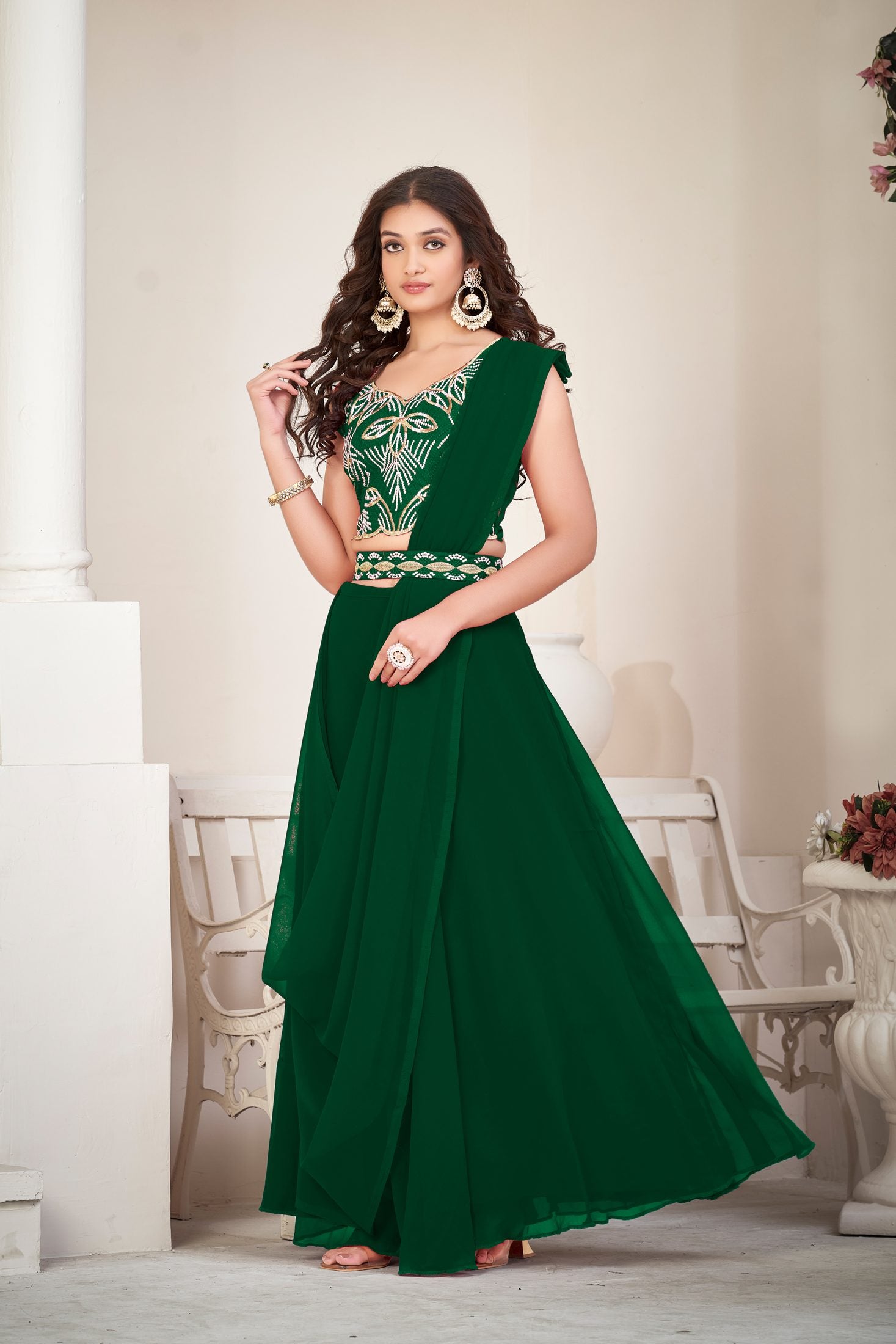 Elegant Green Party Wear Semi-Stitched Georgette Embroidery & Thread Work Lehenga Choli with Designer Blouse