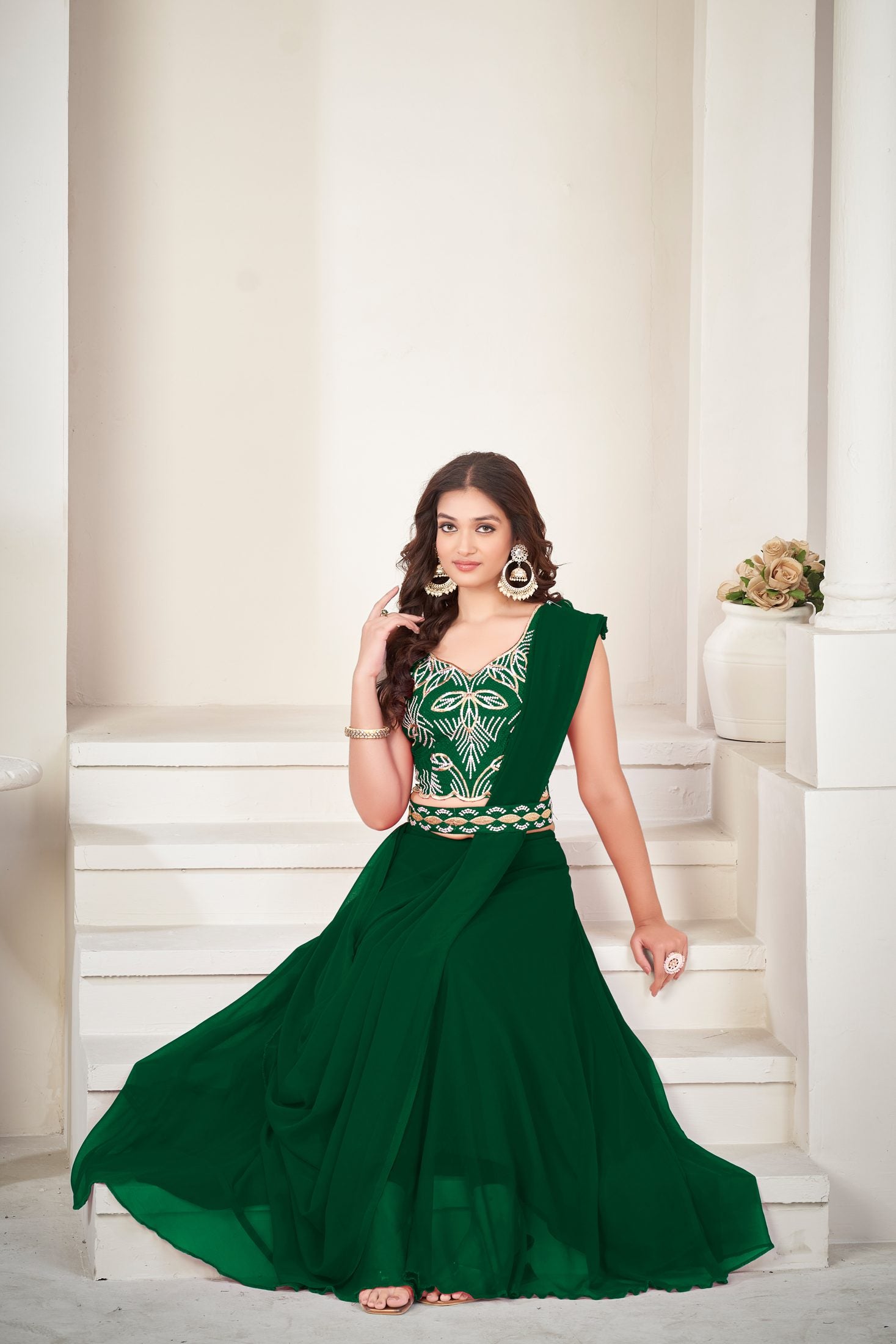 Elegant Green Party Wear Semi-Stitched Georgette Embroidery & Thread Work Lehenga Choli with Designer Blouse