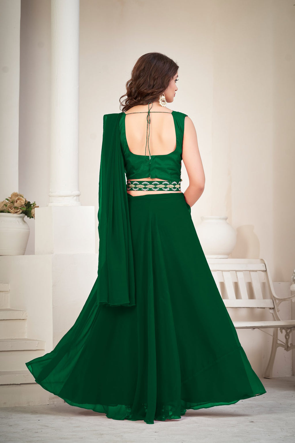 Elegant Green Party Wear Semi-Stitched Georgette Embroidery & Thread Work Lehenga Choli with Designer Blouse