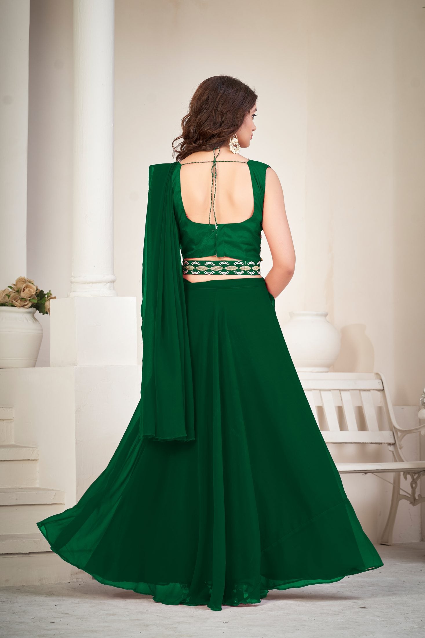 Elegant Green Party Wear Semi-Stitched Georgette Embroidery & Thread Work Lehenga Choli with Designer Blouse