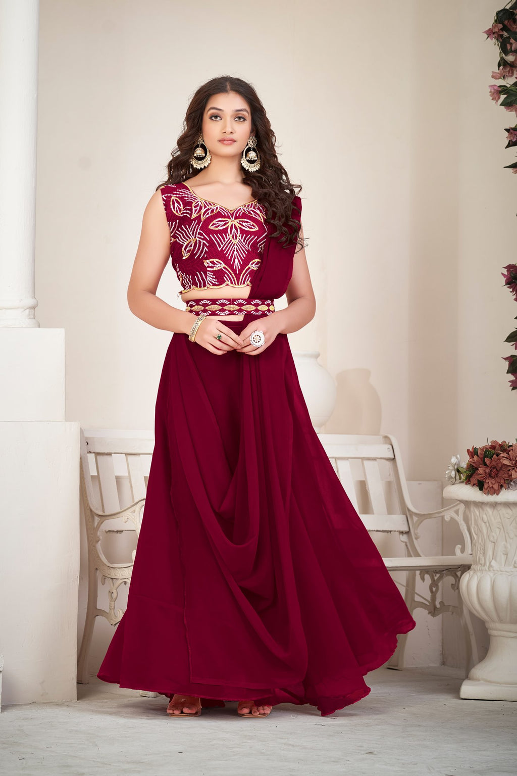 Elegant Wine Red Party Wear Semi-Stitched Georgette Embroidery & Thread Work Lehenga Choli with Designer Blouse