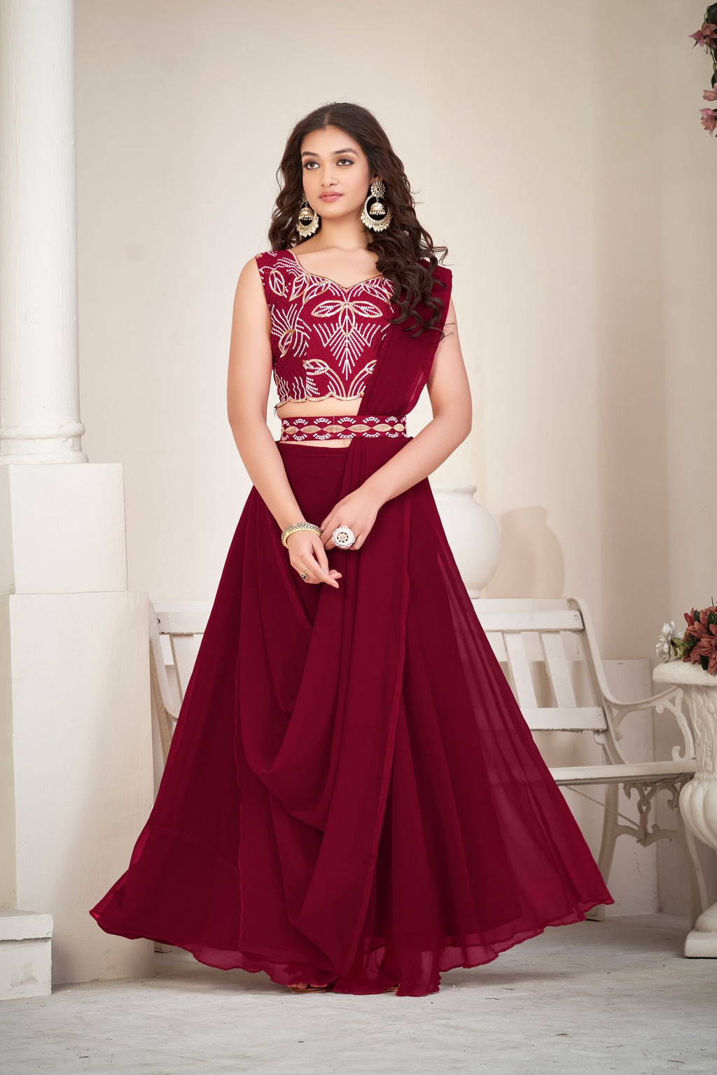Elegant Wine Red Party Wear Semi-Stitched Georgette Embroidery & Thread Work Lehenga Choli with Designer Blouse