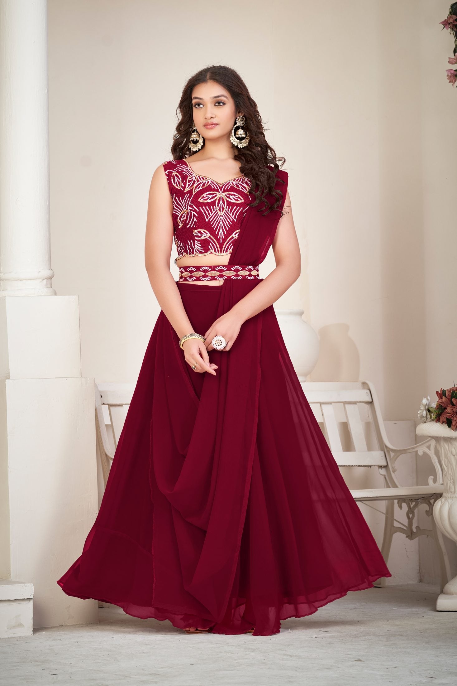 Elegant Wine Red Party Wear Semi-Stitched Georgette Embroidery & Thread Work Lehenga Choli with Designer Blouse