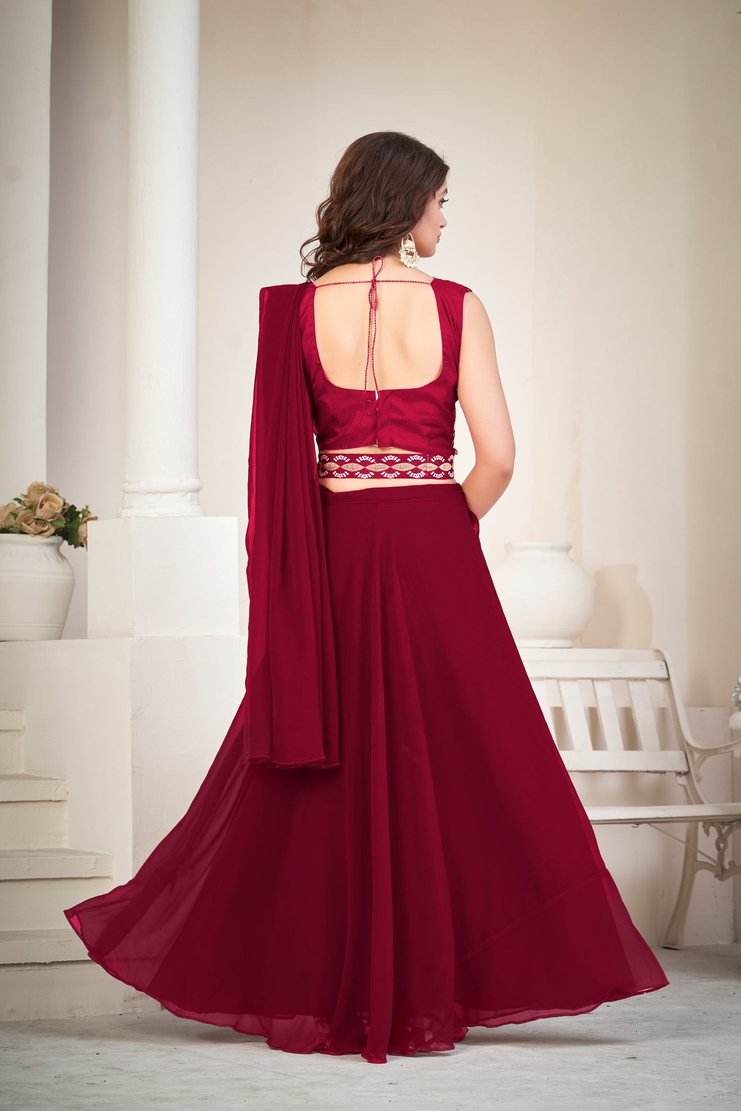 Elegant Wine Red Party Wear Semi-Stitched Georgette Embroidery & Thread Work Lehenga Choli with Designer Blouse