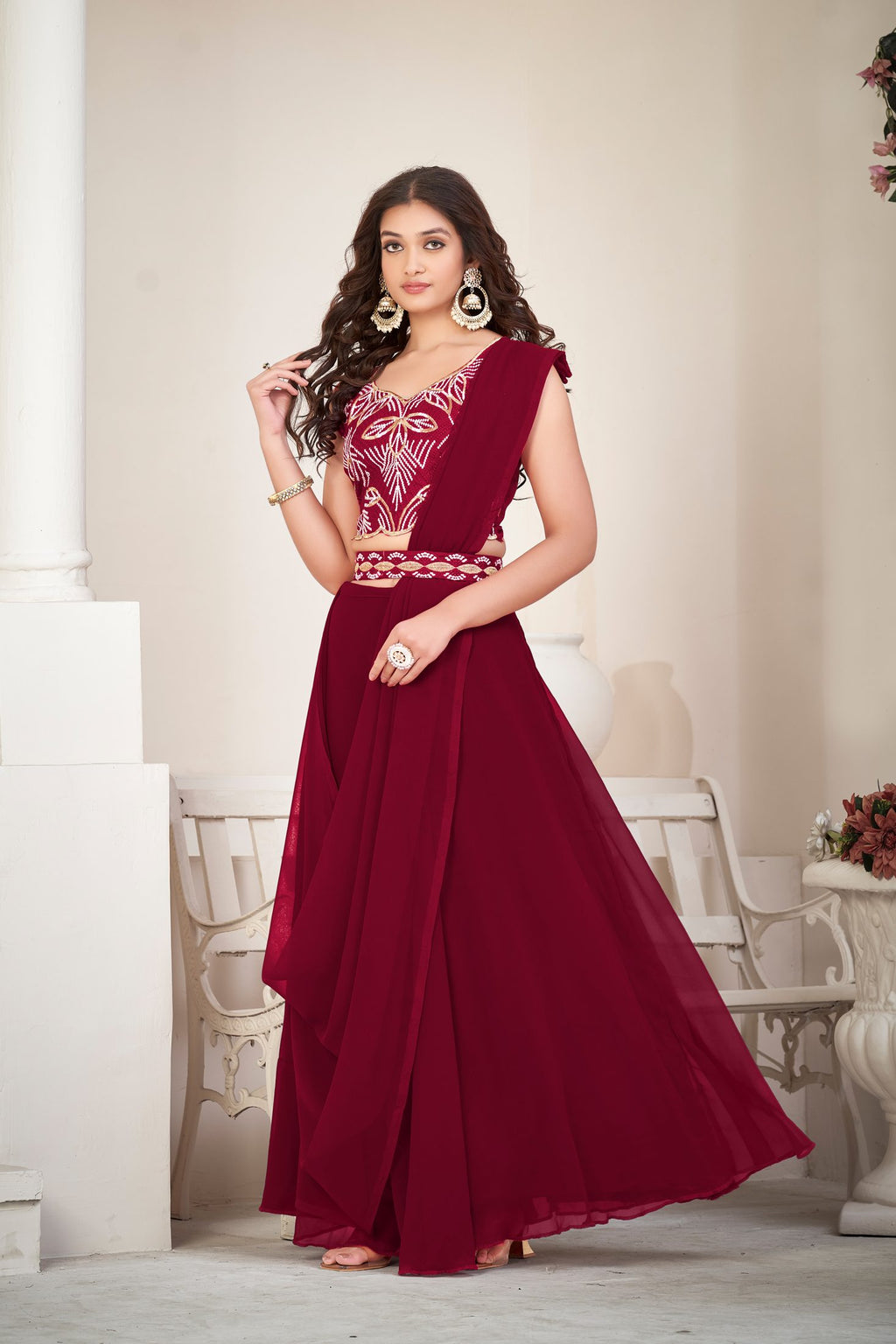 Elegant Wine Red Party Wear Semi-Stitched Georgette Embroidery & Thread Work Lehenga Choli with Designer Blouse